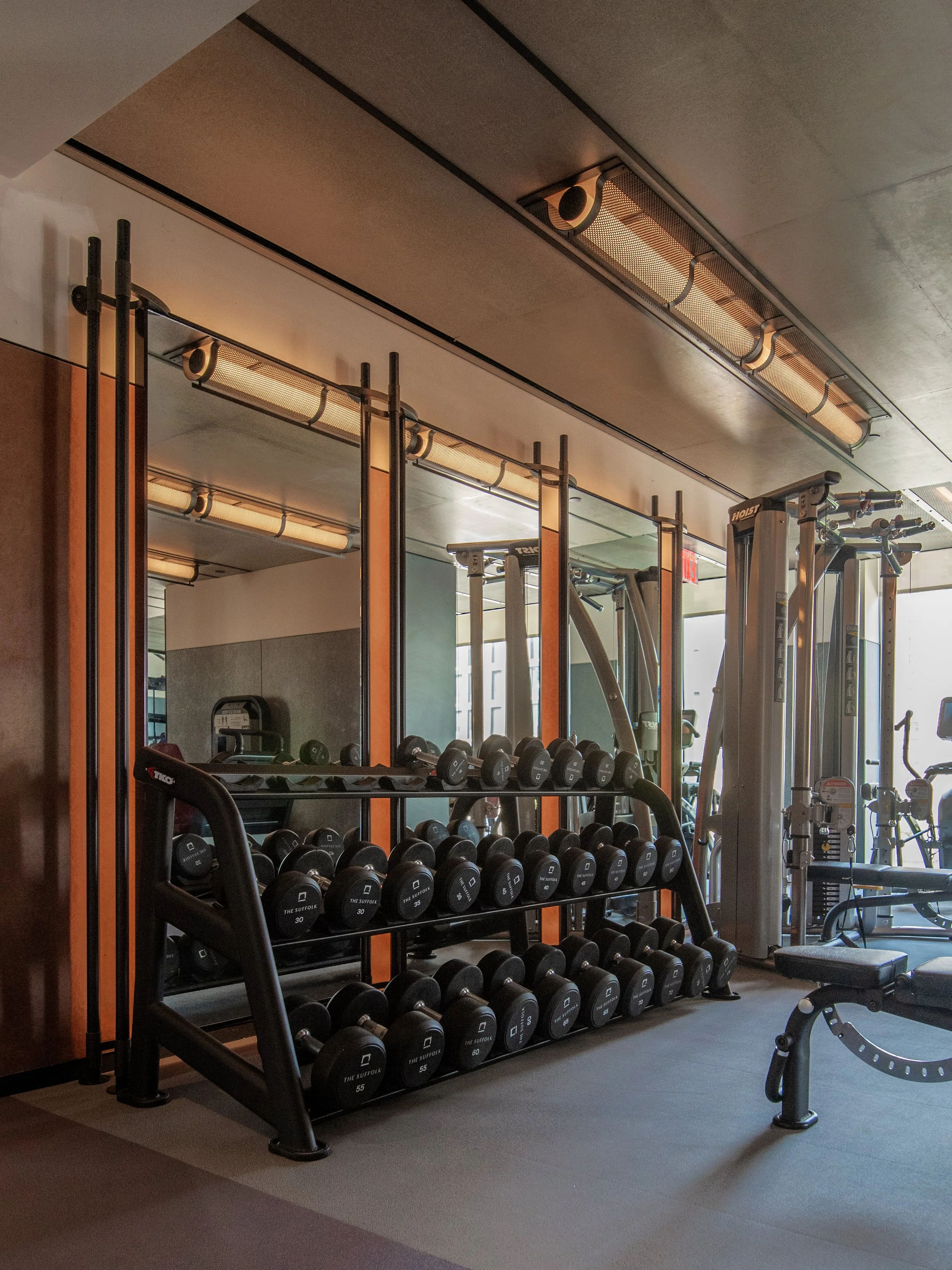 Fitness center with free weights, mirrored training wall, and custom lighting at The Suffolk, a Lower East Side residential building, interiors by JG Neukomm Architecture