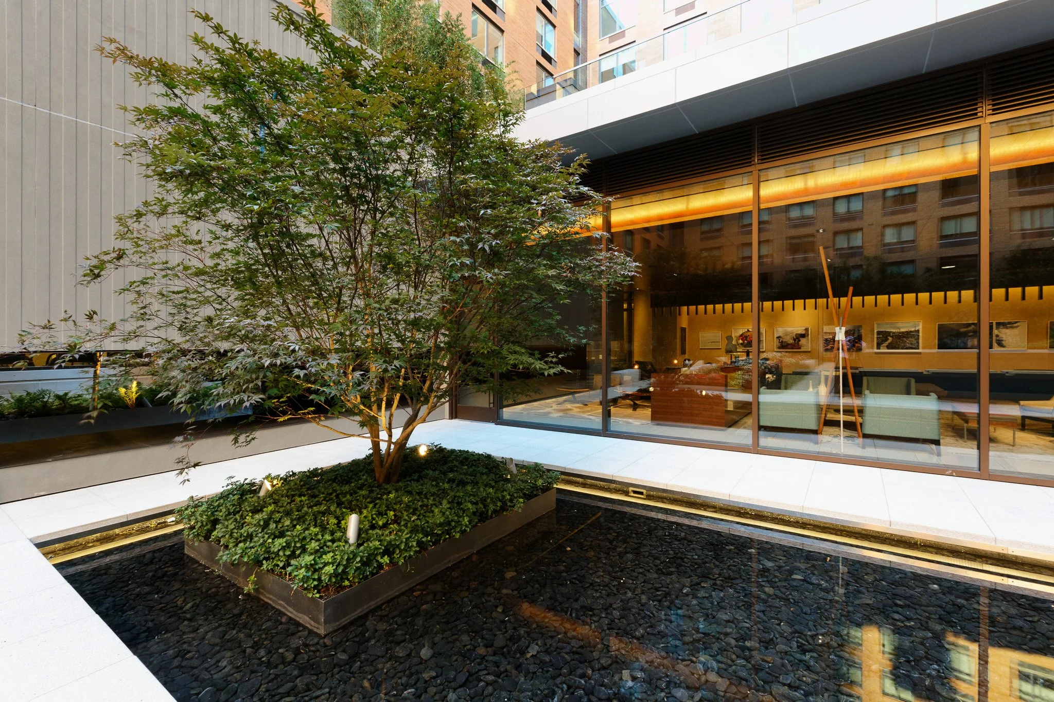 JGNA residential courtyard with a reflecting pool, river-stone bed, and a Japanese maple beside a glass-walled lounge