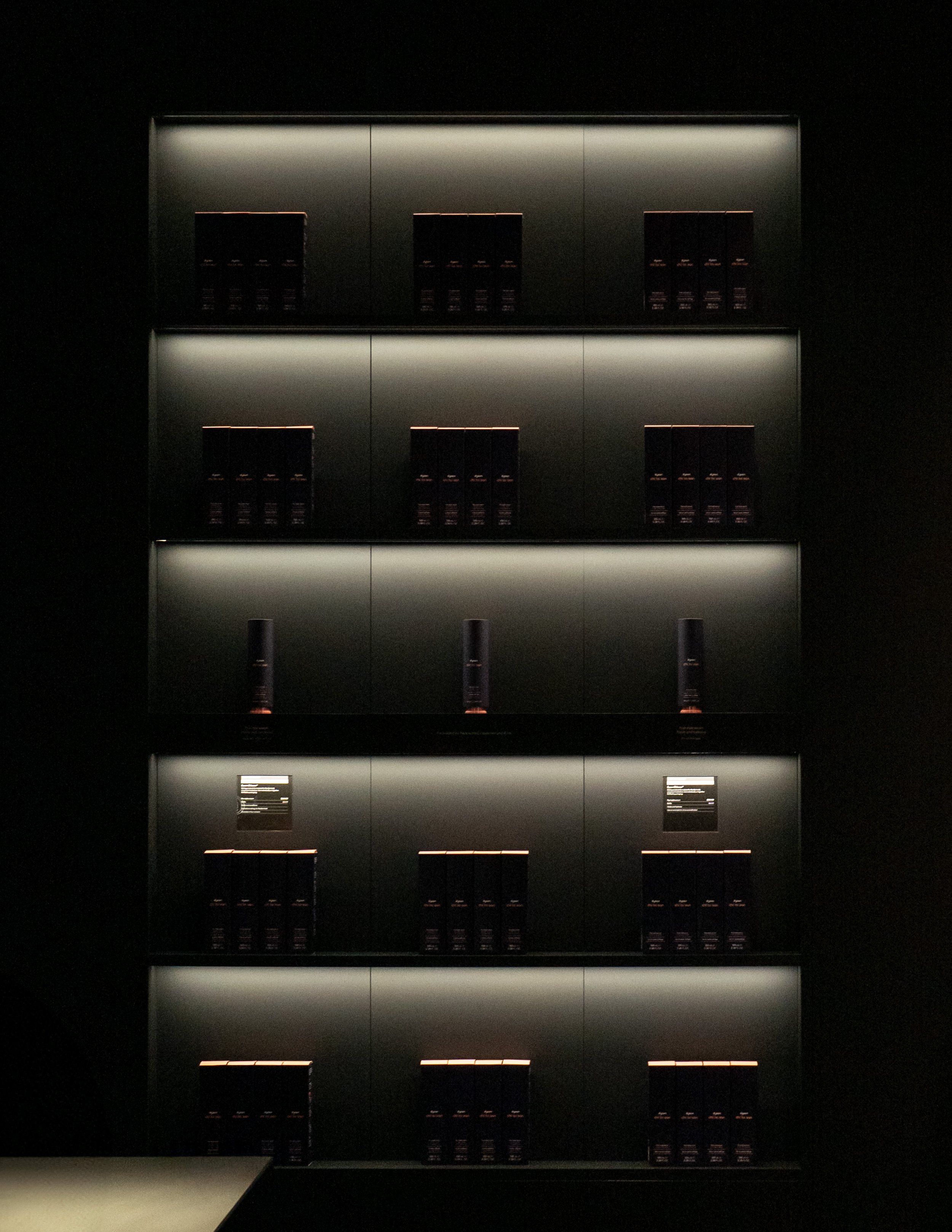 Dyson Demo Store dark wall with backlit recessed shelving displaying products in a row