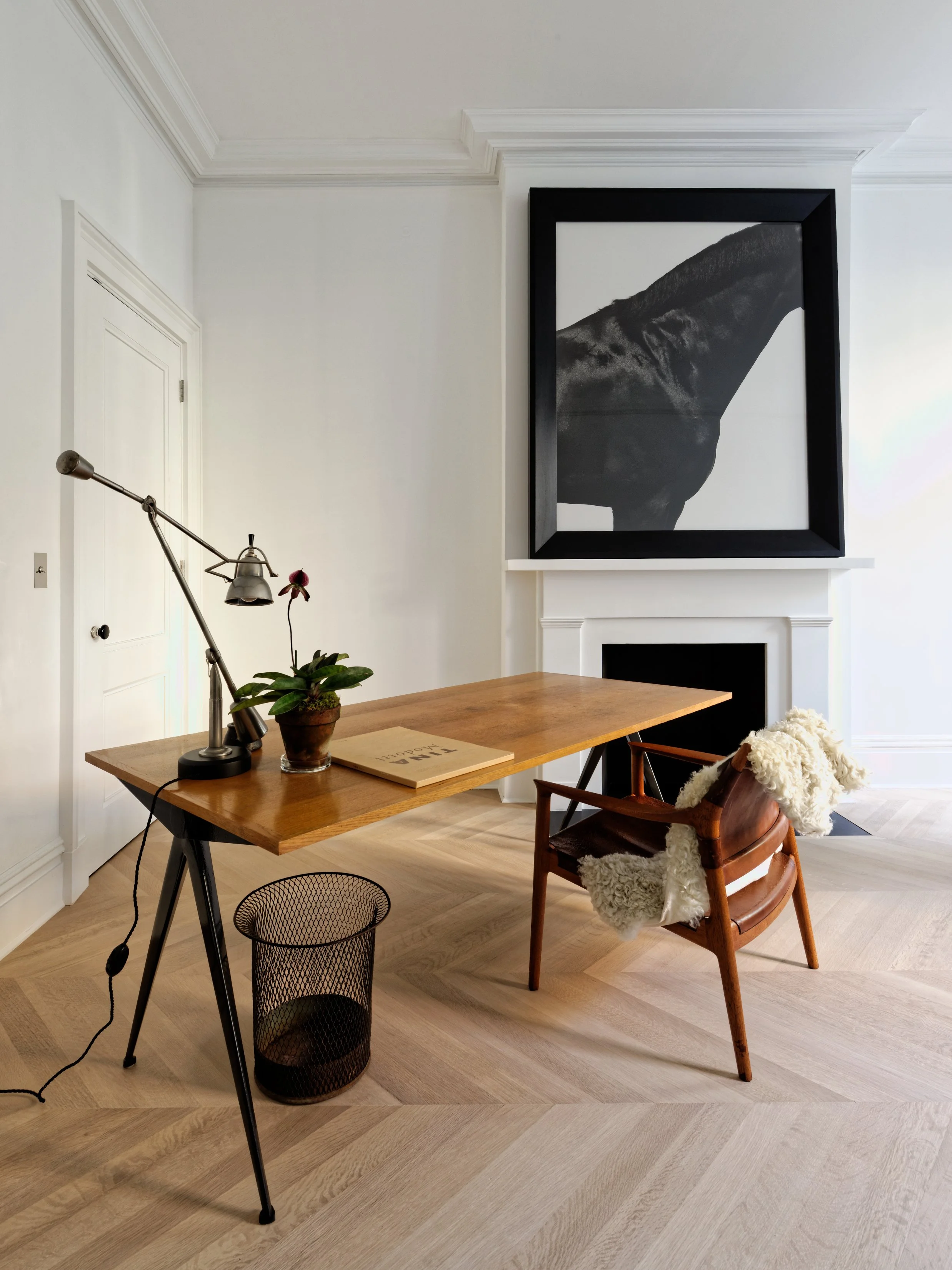 wooden desk office space and modern art in fabien barons west village townhouse by JGNA