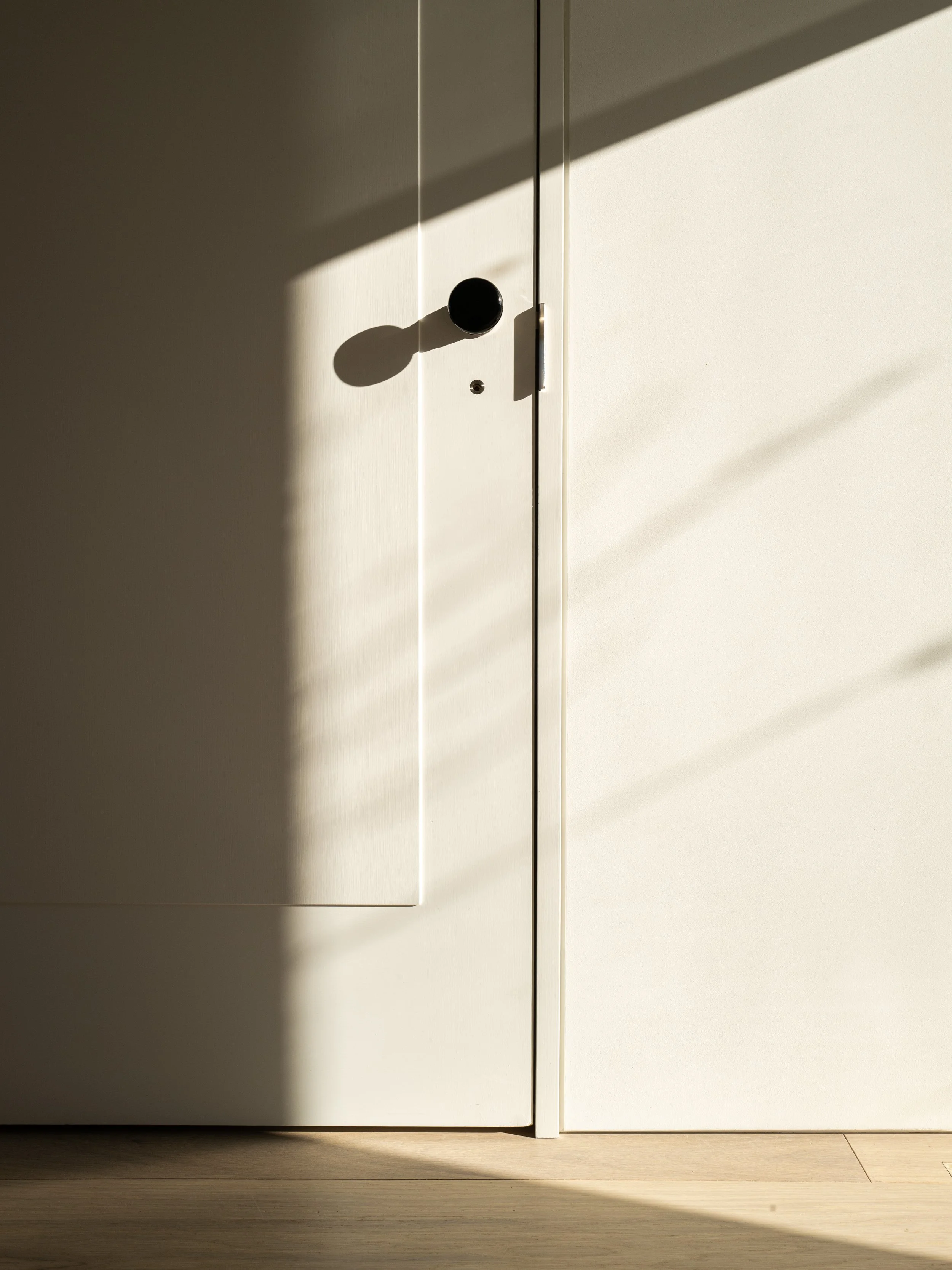 Custom door with a black lever handle in raking sunlight in a West Village townhouse by JG Neukomm Architecture