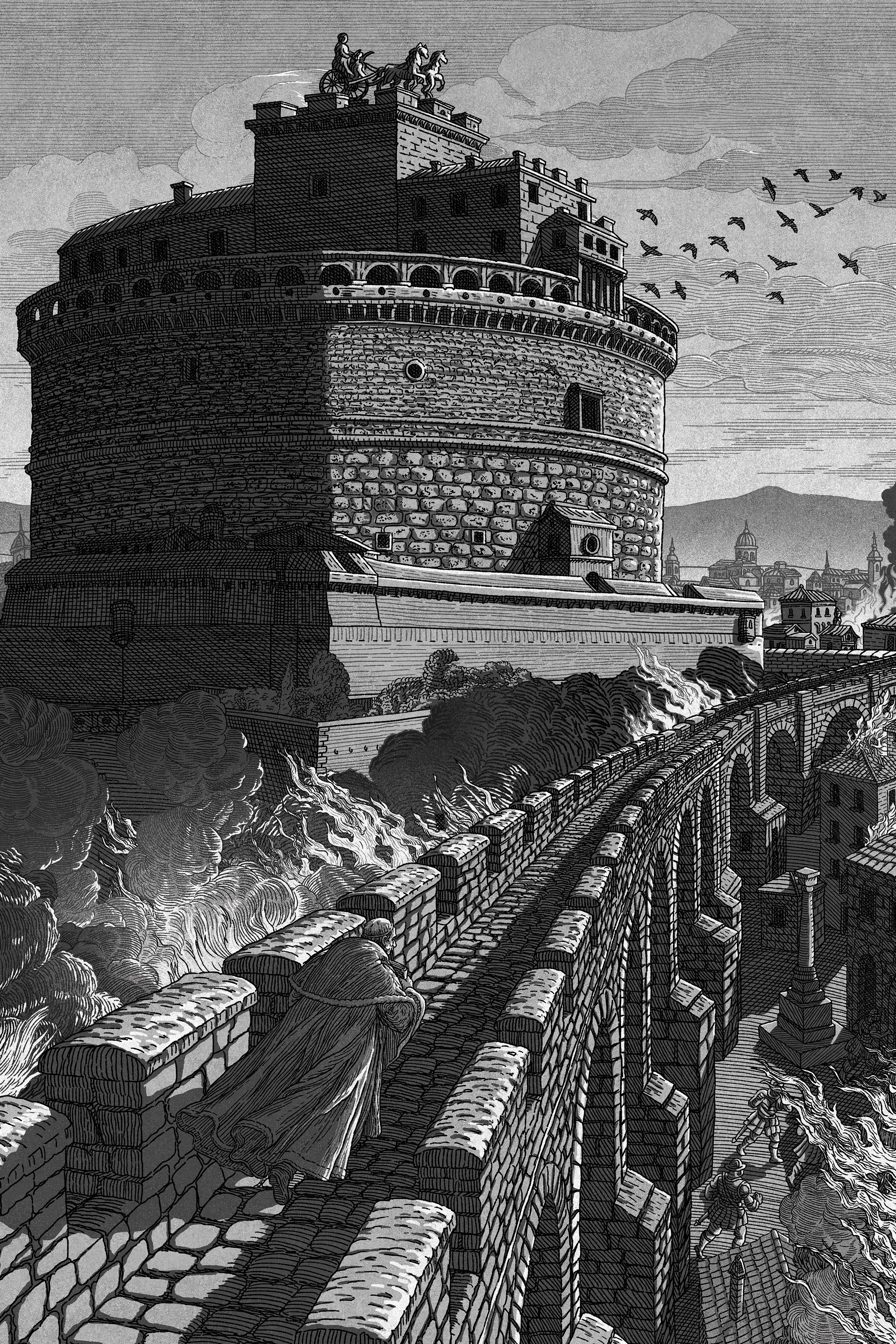 Head of Zeus - 'Castles: A Fortified History of the World', Dan Jones, Castel Saint'Angelo, Rome, Italy, historical etching illustration