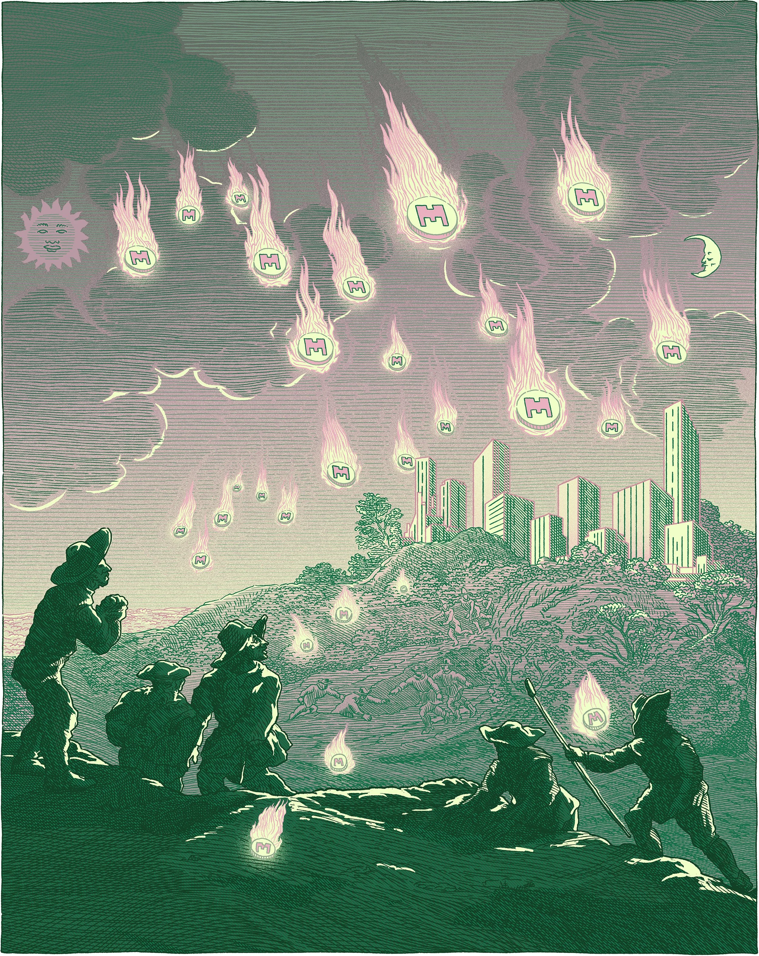 Usedcase Crypto Magazine, 'Fall of the Memecoin', editorial illustration
