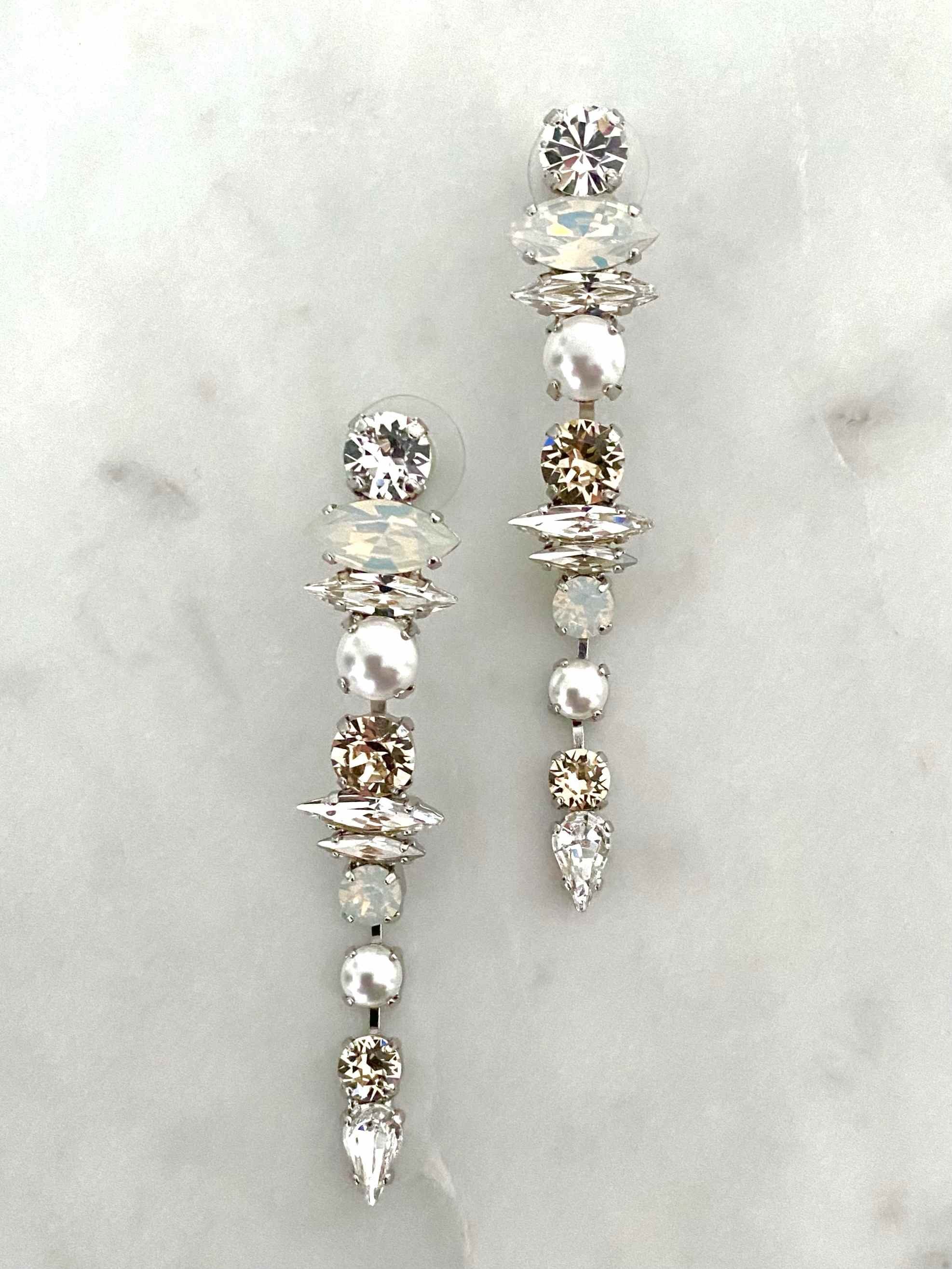 Stones Of Atlantis Mythos Drop Earrings in light silk, white opal and pearl
