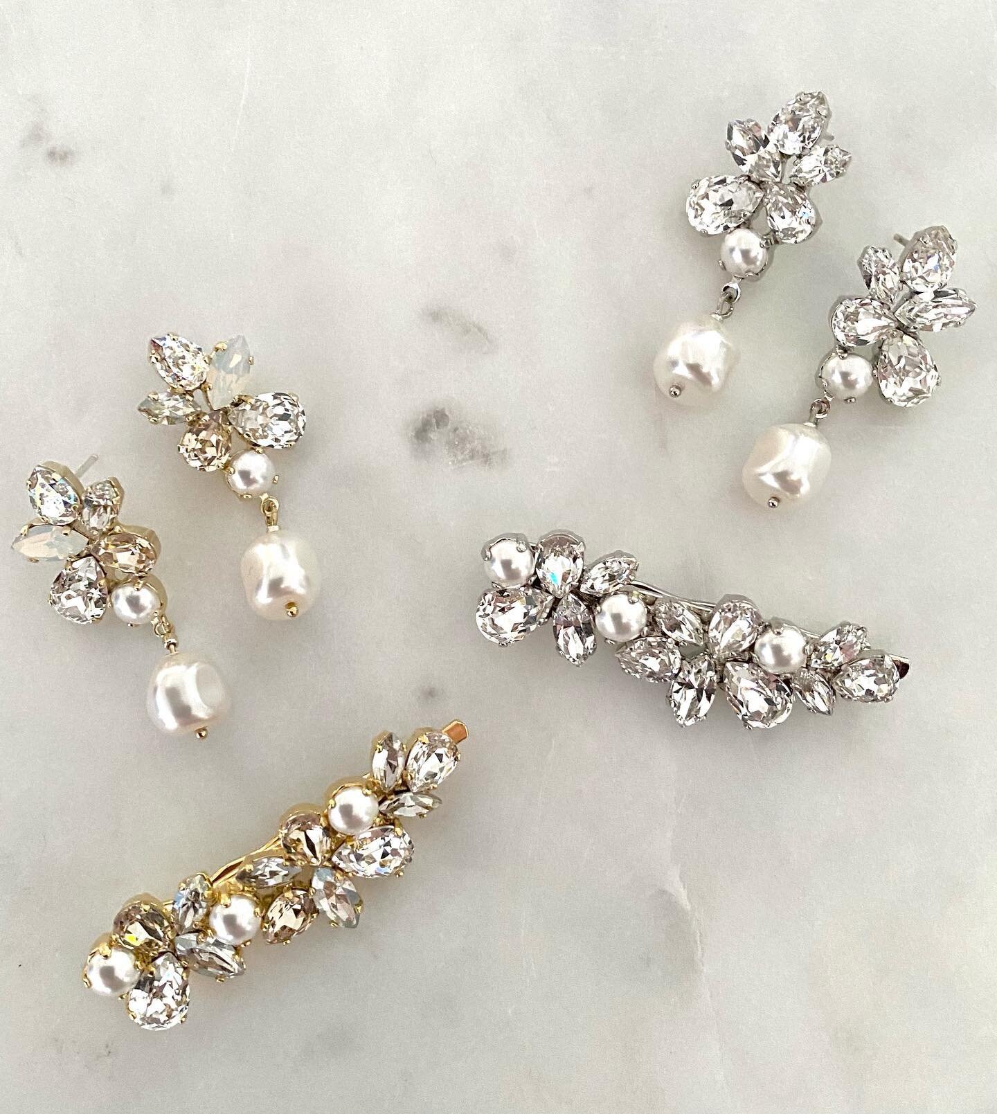 Elegant bridal choices &bull; D E L P H I &bull; pearl drop earrings &amp; matching embellished hairpins.. in timeless classic colour palettes 🤍