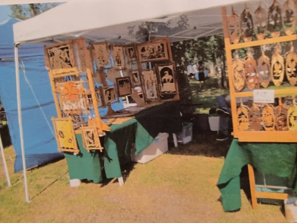 Jerry and Marie's art-filled booth that they would load and unload themselves