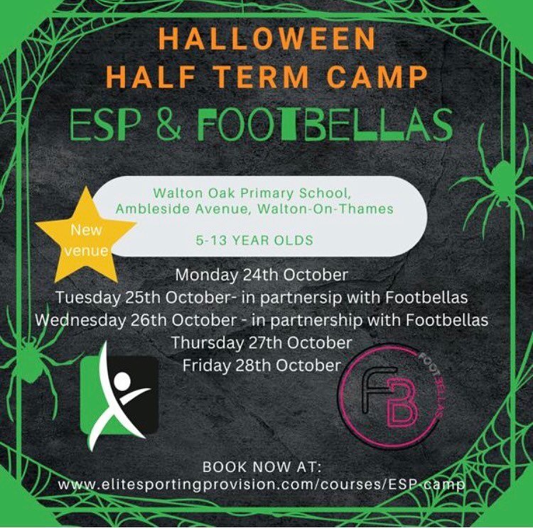 Exciting News!! 🤩 You can now book onto our Footbellas Halloween themed Half-Term Camp at our new venue, Walton Oak Primary School.&nbsp;

&lsquo;It&rsquo;s Gonna be a Scream!&rsquo; 😱
Girls get ready to express yourselves - prizes for the craziest