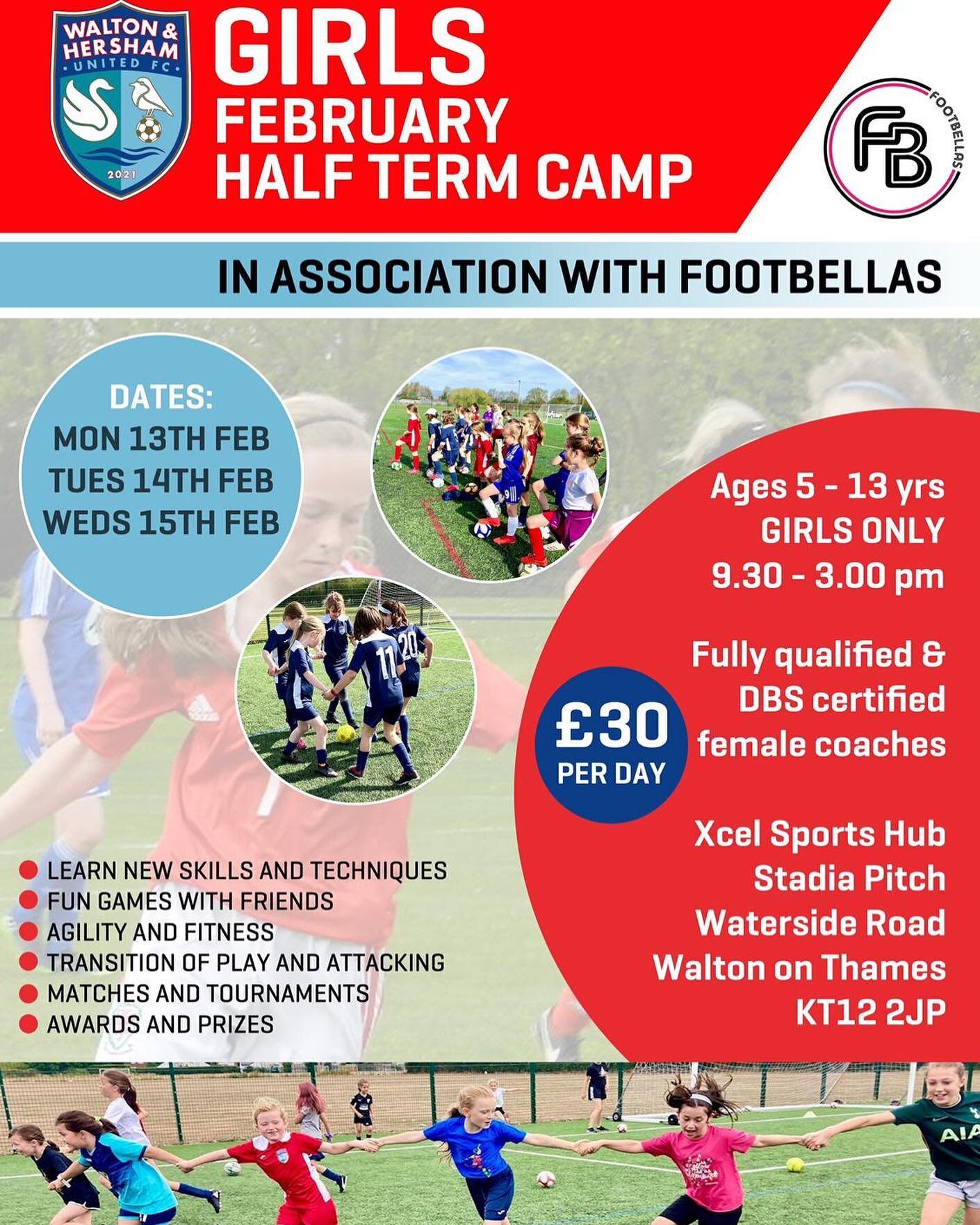 ⚽️ FOOTBELLAS &amp; W&amp;HUFC CAMP 

Footbellas and W&amp;HUFC have teamed up to bring you girls football camps for February half term at the Xcel sports hub. 

Monday 13th - Wednesday 15th February 

👭🏼Fun with friends 
⚽️ Skill based games tailo