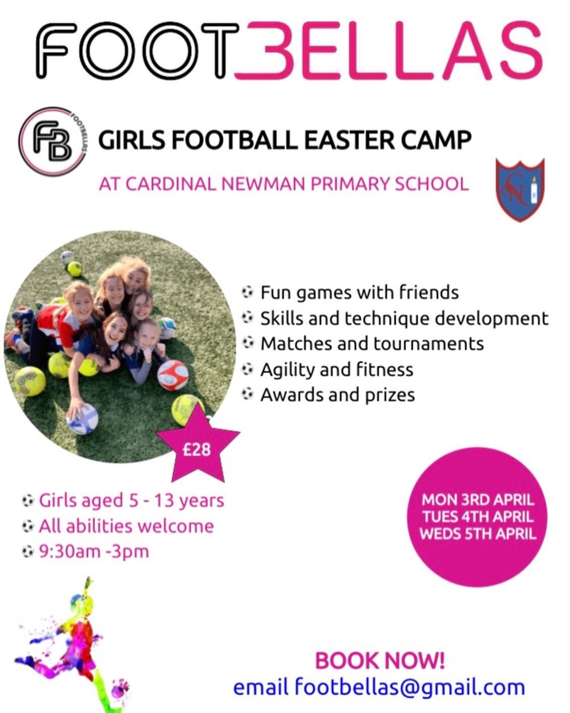 Our football holiday camps for girls aged 5-13 years are back this Easter! ⚽ 🐣 

Week 1
Monday 3rd, Tuesday 4th and Wednesday 5th April at Cardinal Newman Catholic Primary School, Hersham
To book a day in week 1 click here 👉 https://forms.gle/5nWco