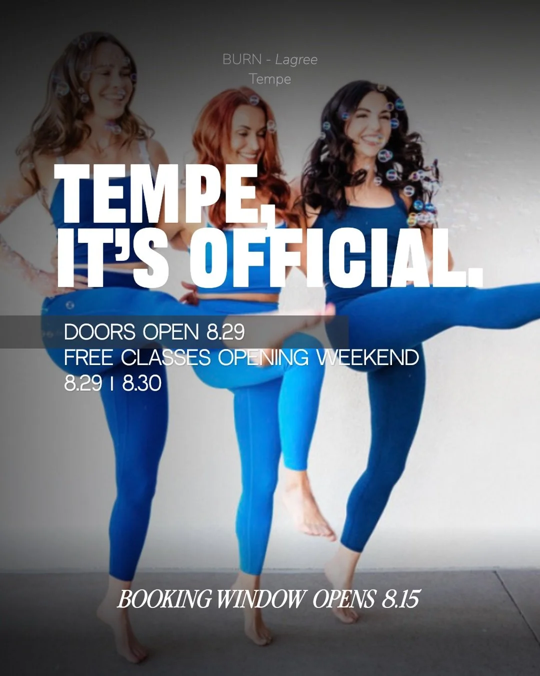 TEMPE - we&rsquo;re officially opening our doors!

BURN Tempe opens August 29th, and we&rsquo;re kicking things off with an entire weekend of FREE CLASSES 8/29 + 8/30.

📅 Booking window opens 8/15 so mark your calendar because spots are limited.

📲