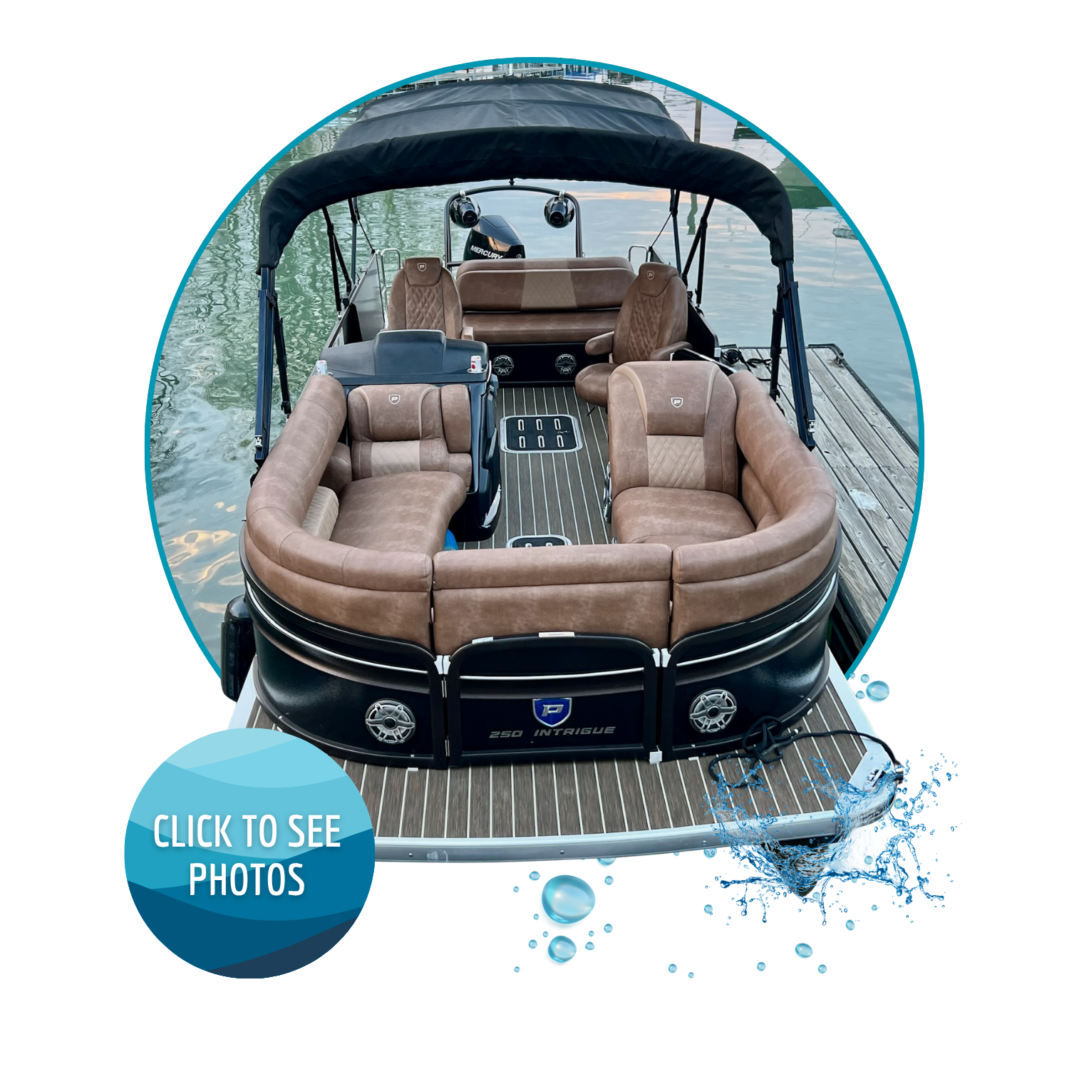 A pontoon boat with brown leather seats docked on a wooden pier, water visible in the background.