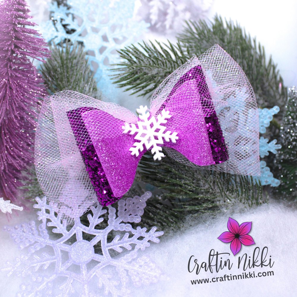 Pink and White Snowflake Glitter Hair Bow by Craftin Nikki