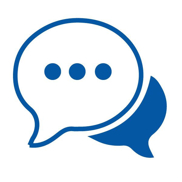 Two overlapping speech bubbles, one outlined in blue with three dots, representing a chat or conversation.