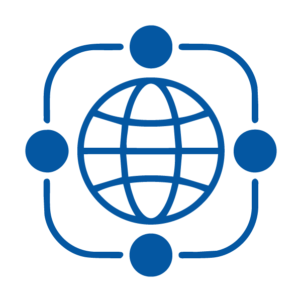 Icon of a globe with four connected dots surrounding it, representing global connectivity.