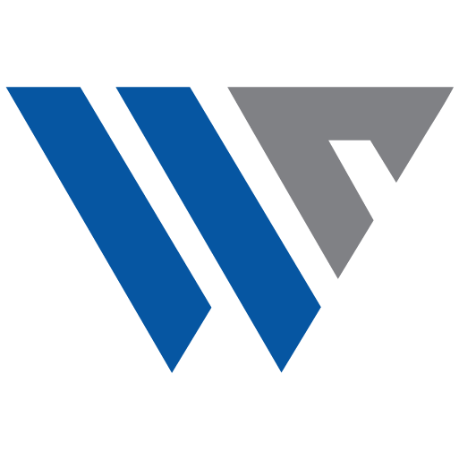 Logo with blue and gray geometric shapes forming a stylized letter 'W'.
