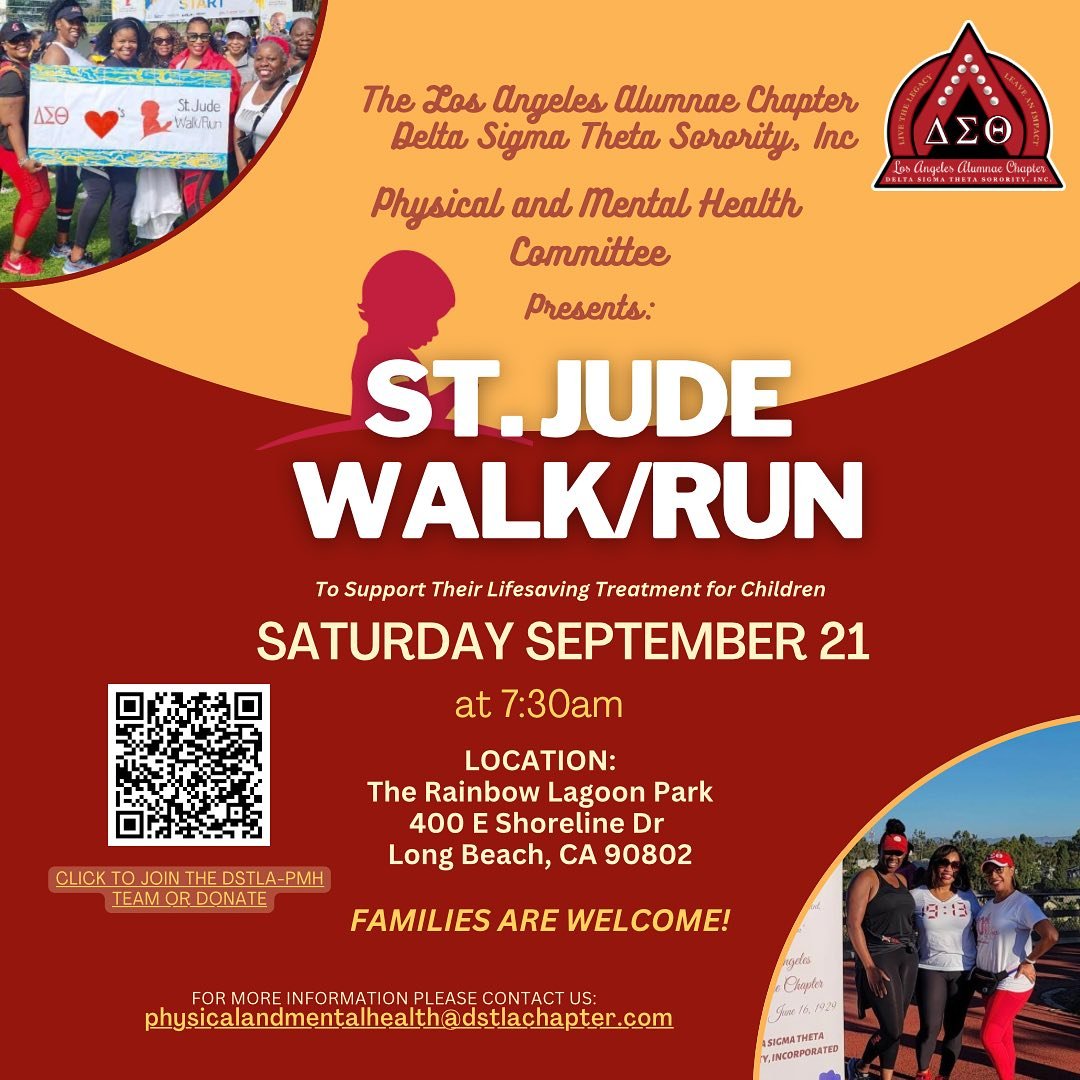 The Los Angeles Alumnae Chapter is excited to announce that we are leading a team for the St. Jude Walk/Run. 🏃🏾&zwj;♀️💨

We invite you and your families to join us in supporting the incredible mission of St. Jude Children&rsquo;s Research Hospital