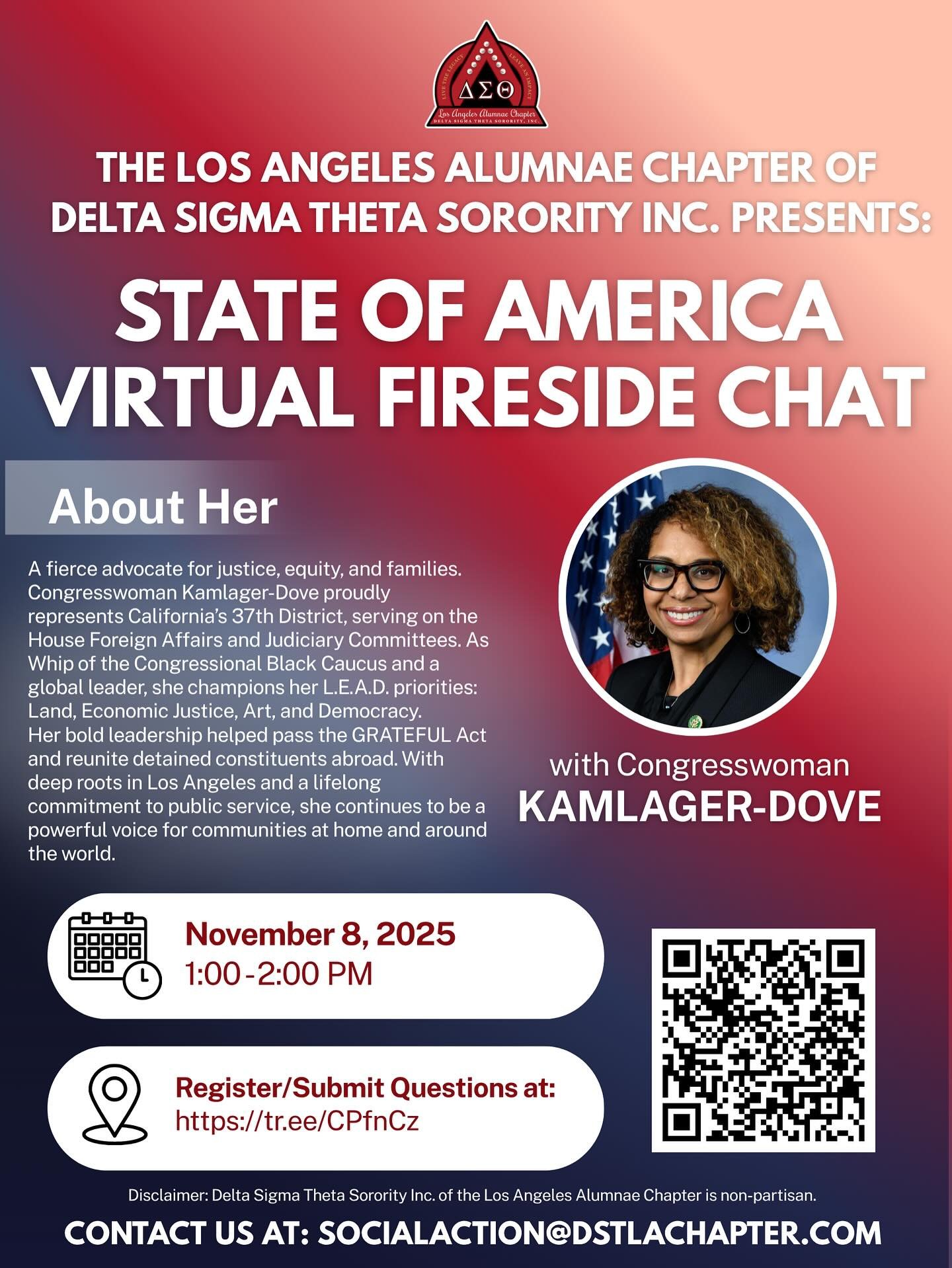 🔥 Join us for an empowering virtual conversation!
The Los Angeles Alumnae Chapter of Delta Sigma Theta Sorority, Inc. presents

State of America: A Virtual Fireside Chat
with Congresswoman Sydney Kamlager-Dove 🗣️

✨ A fierce advocate for justice, e