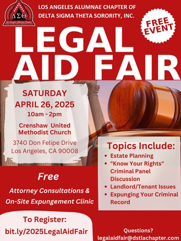 Join the Los Angeles Alumnae Chapter of Delta Sigma Theta Sorority, Inc. for our FREE Legal Aid Fair &mdash; happening Saturday, April 26 from 10 AM &ndash; 2 PM at Crenshaw United Methodist Church.

📝 Get on-the-spot expungement help, speak directl