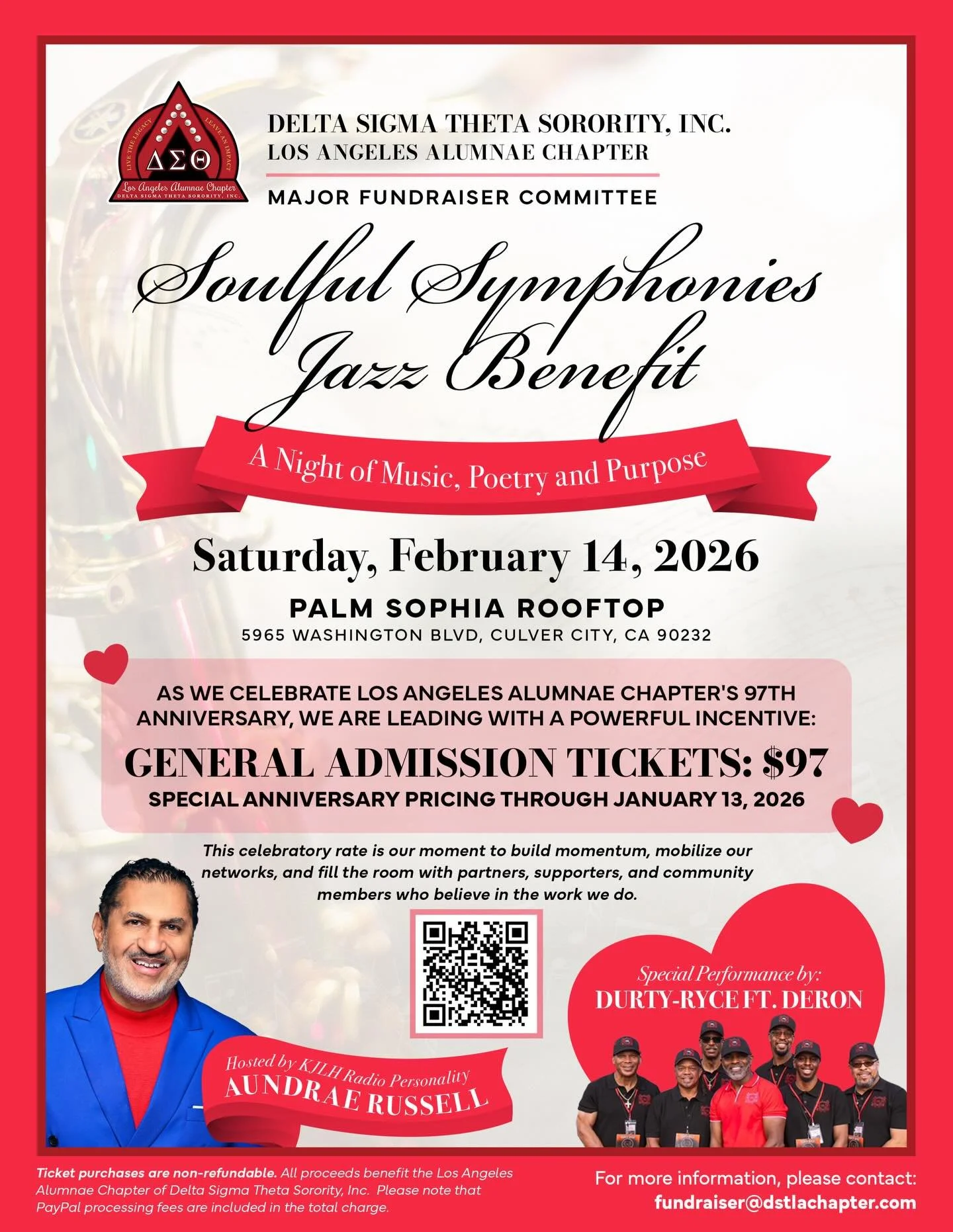 🎶✨ Soulful Symphonies Jazz Benefit ✨🎶
A Night of Music, Poetry &amp; Purpose ❤️
Join us as we celebrate the 97th Anniversary of the Los Angeles Alumnae Chapter of Delta Sigma Theta Sorority, Inc. with an unforgettable evening of soulful jazz, commu