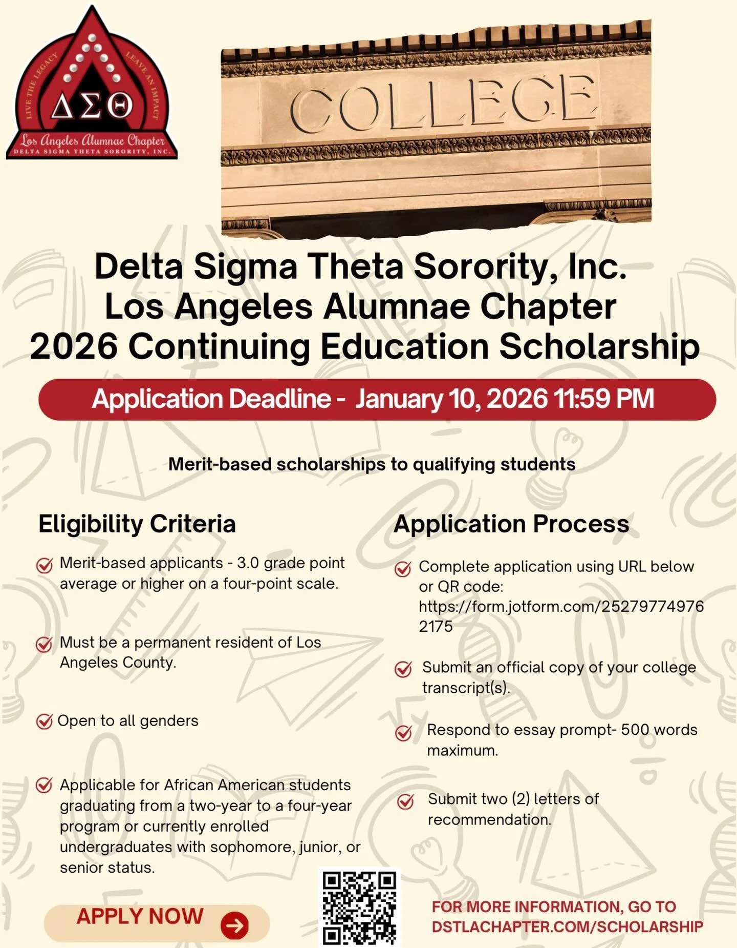 🎓 2026 Continuing Education Scholarship 🎓
Delta Sigma Theta Sorority, Inc. 
Los Angeles Alumnae Chapter
We are proud to support scholars who are continuing their educational journey through our 2026 Continuing Education Scholarship.
🗓 Application 