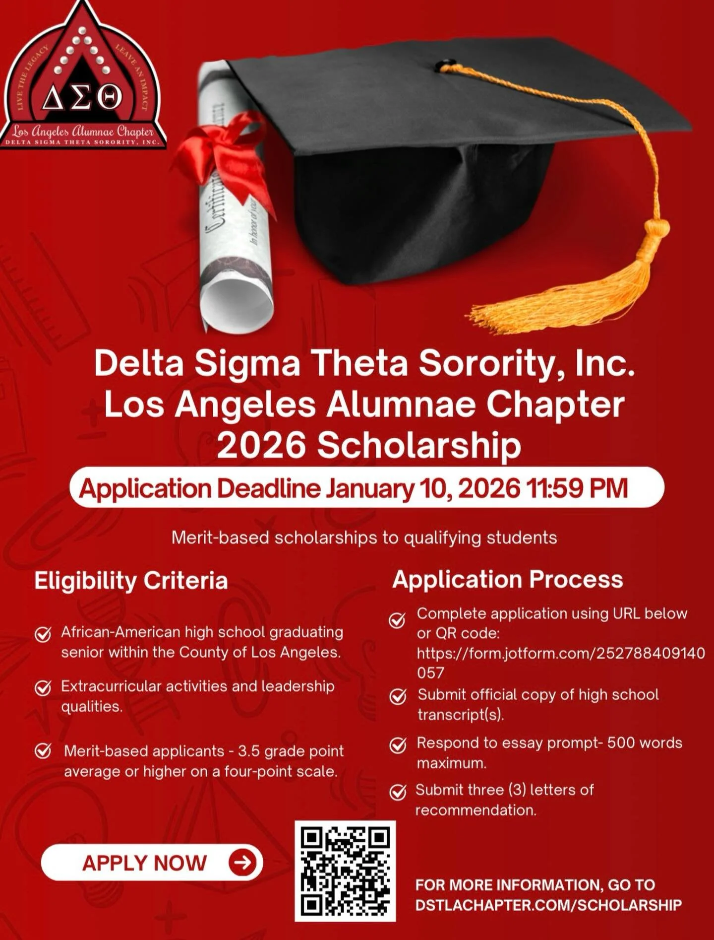 🎓 2026 High School Scholarship 🎓
Delta Sigma Theta Sorority, Inc. Los Angeles Alumnae Chapter
Calling all eligible African-American graduating high school seniors in Los Angeles County &mdash; this opportunity is for you!
🗓 Application Deadline: J