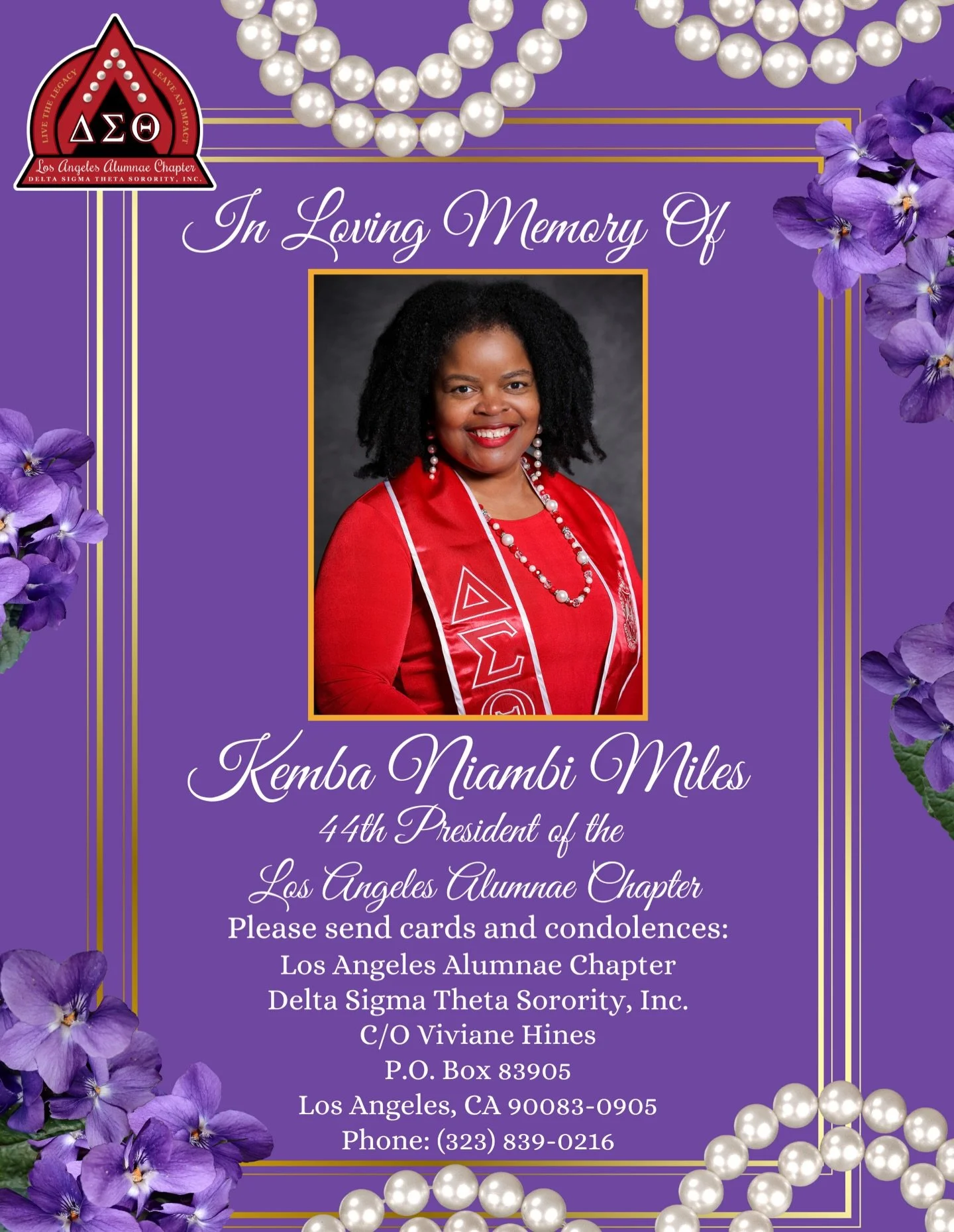 🕊️ OFFICIAL ANNOUNCEMENT 🕊️ 

The Los Angeles Alumnae Chapter mourns the loss of our Beloved Soror Kemba Niambi Miles, 44th Chapter President, who transitioned peacefully on Saturday, December 27th, surrounded by family, Sorors, and friends. ❤️

So