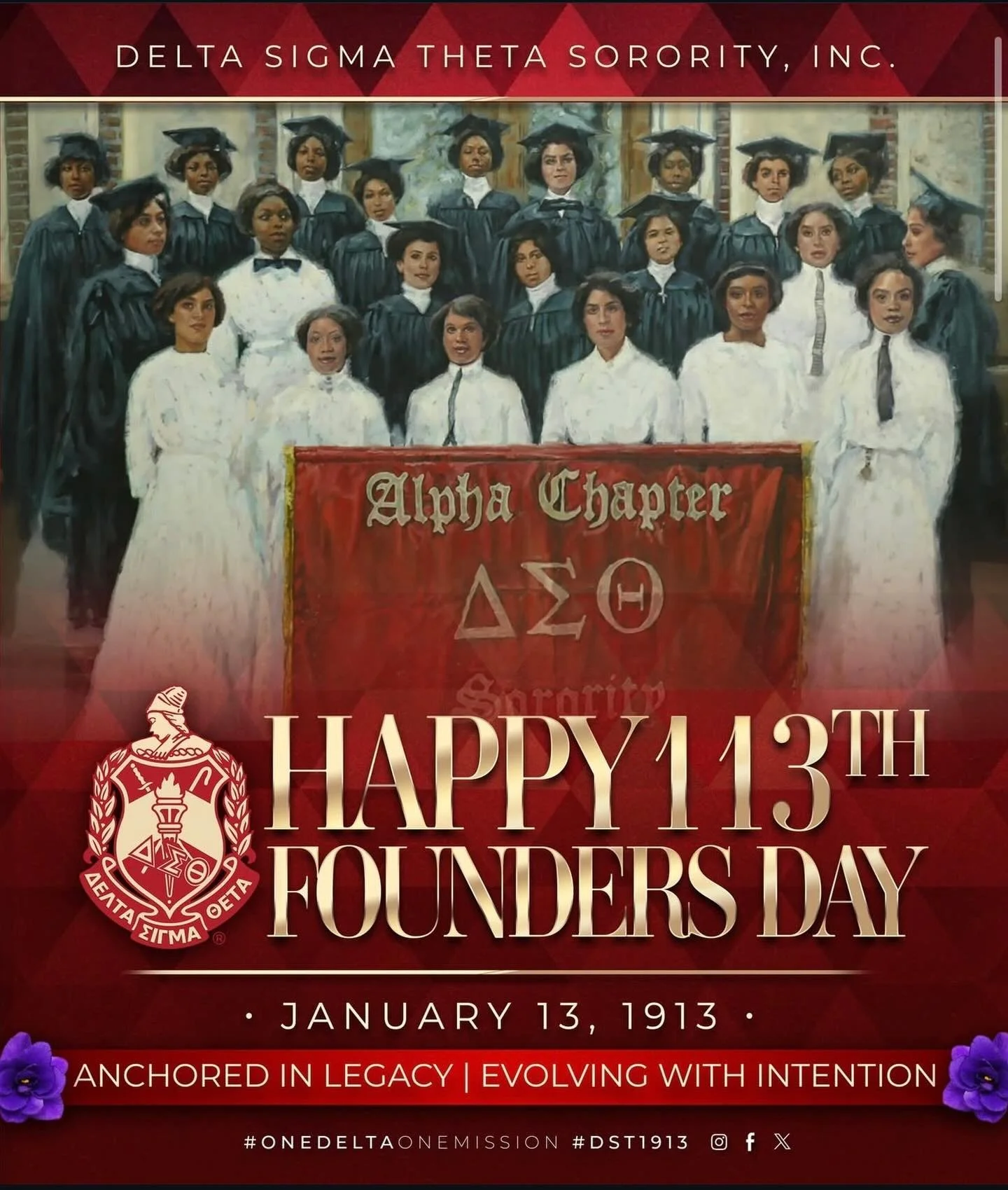 Repost: 113 years of Sisterhood, Scholarship, Service, and Social Action.

On January 13, 1913, 22 young women at Howard University united with courage, conviction, and commitment to form Delta Sigma Theta Sorority, Incorporated.

Today, with more th