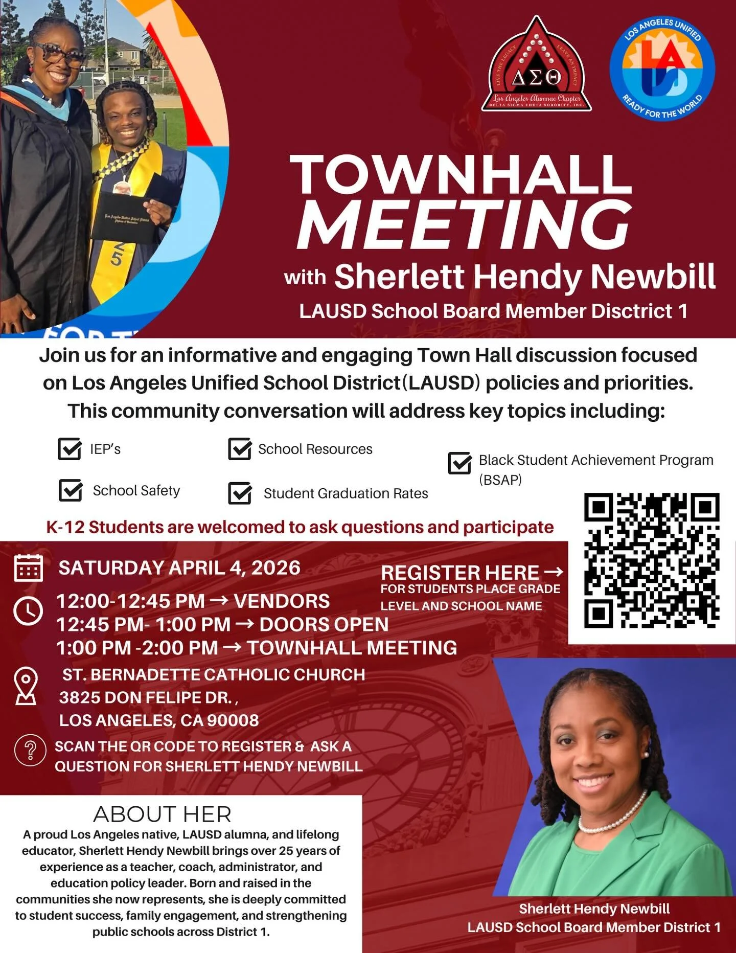 🎓 Parents. Students. Community members.

You&rsquo;re invited to join a Townhall with LAUSD School Board Member Sherlett Hendy Newbill to discuss the policies and priorities shaping our schools.

Topics include:
📚 School resources
🛡️ School safety