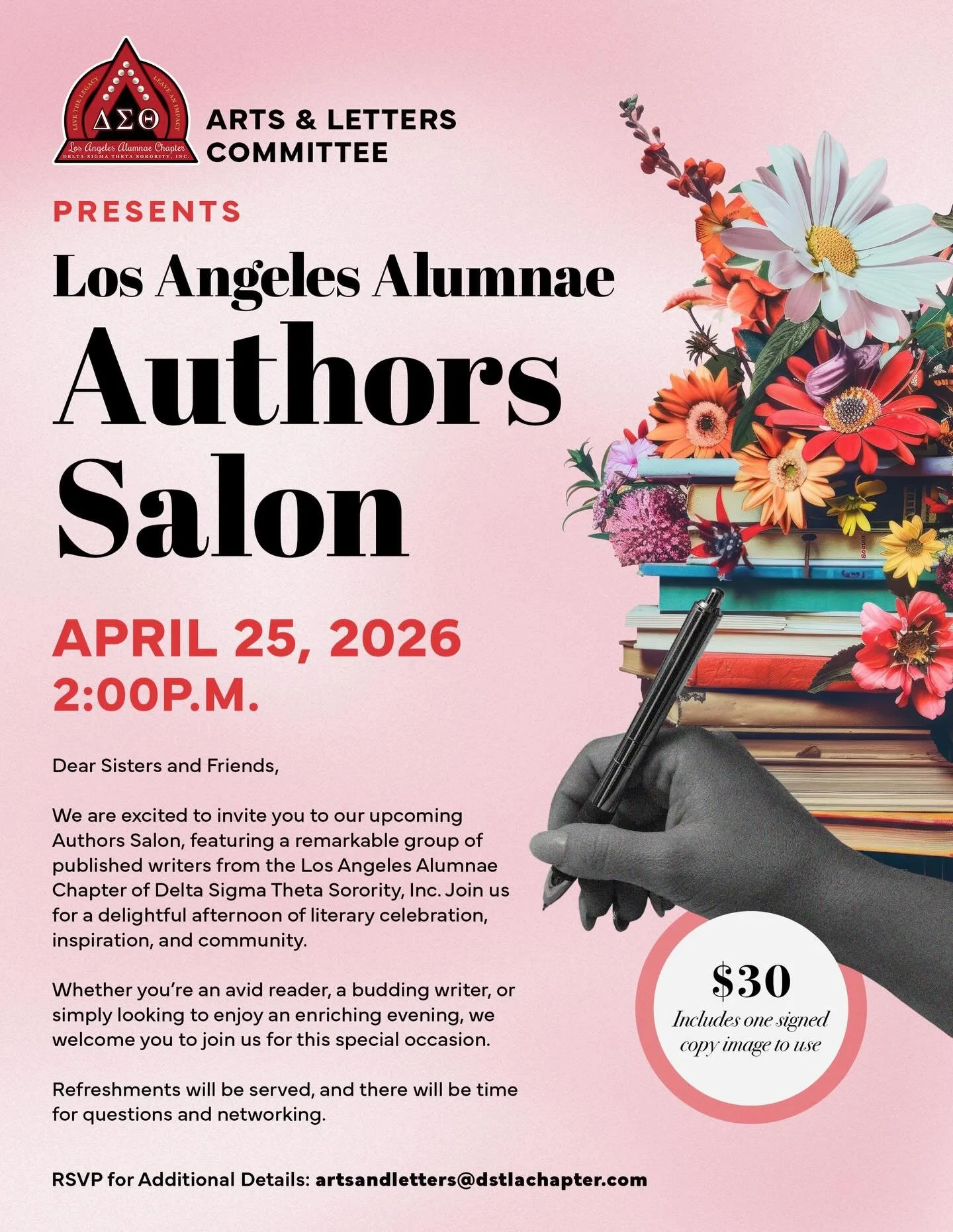 Step into an afternoon of literature, inspiration, and sisterhood ✨📚🌸

Join the Los Angeles Alumnae Authors Salon hosted by the Arts &amp; Letters Committee for a beautiful celebration of published writers, storytelling, and community. Whether you&