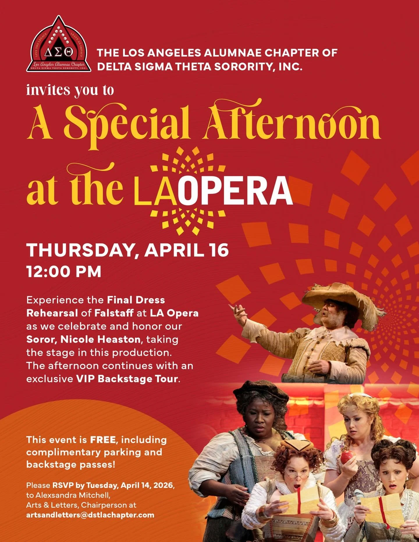 An afternoon of elegance, culture, and sisterhood 🎭✨

Honored to celebrate our Soror, Nicole Heaston, as she graces the stage in Falstaff at LA Opera. Join us for a special final dress rehearsal experience followed by an exclusive VIP backstage tour