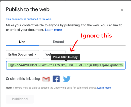 Ignore the prompt to copy the published URL