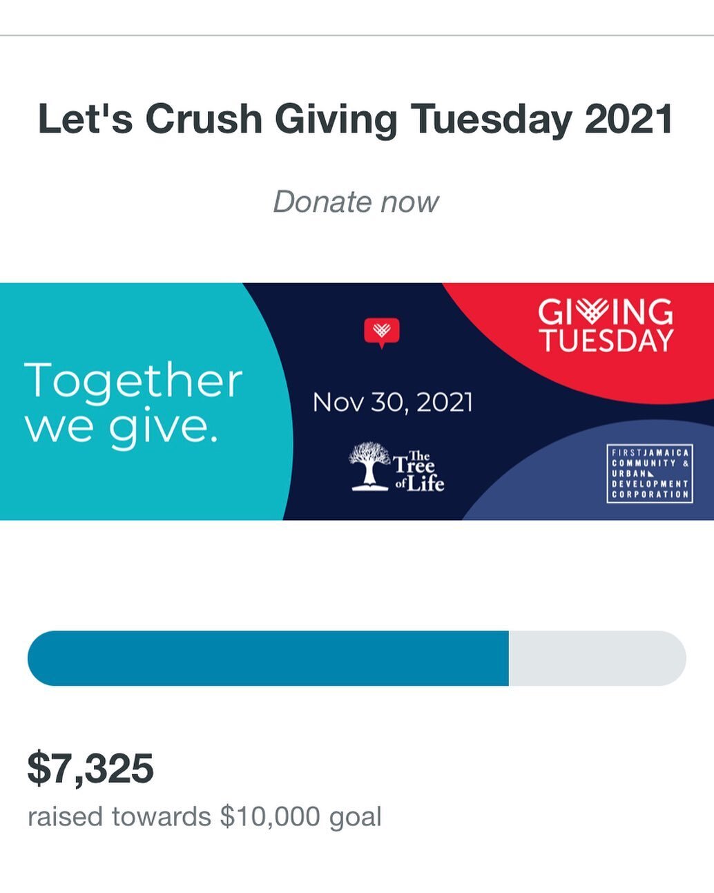 Giving Tuesday will be gone tomorrow but your impact won&rsquo;t be. So far we've received $7,225 toward our  Tuesday goal of $10,000.  Help us crush that goal before midnight tonight. Make a donation today then share this link with everyone you thin