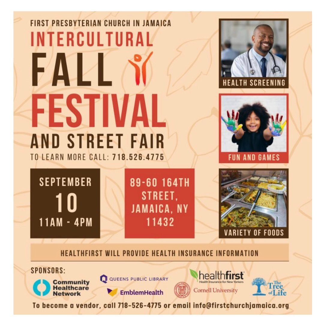 We invite you to join us for another fantastic event to kick off the Fall season and to welcome new residents to the Downtown Jamaica area , on Saturday, September 10th from 11am-4pm. 

The event will take place  at the First Presbyterian Church in J