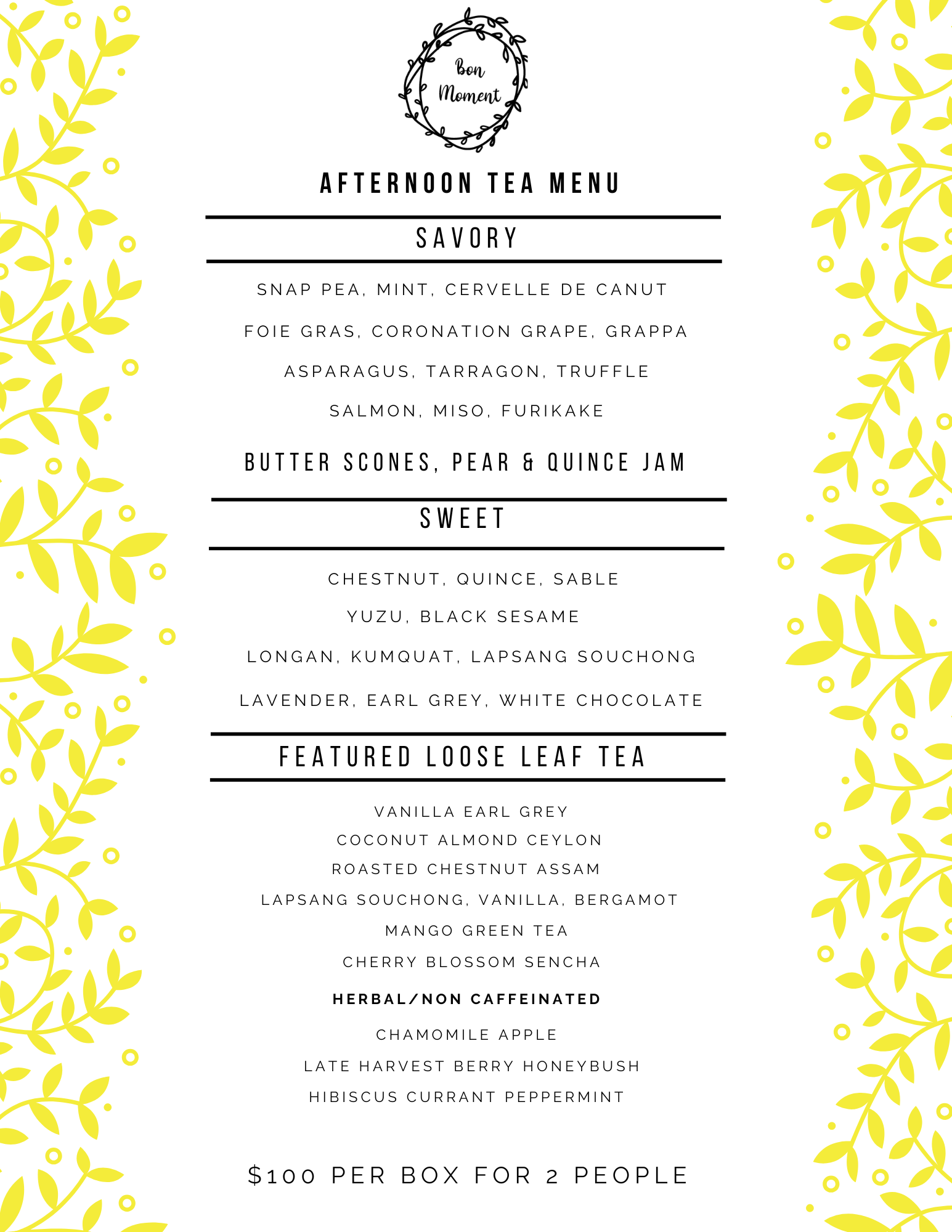 Bon Moment Afternoon tea menu