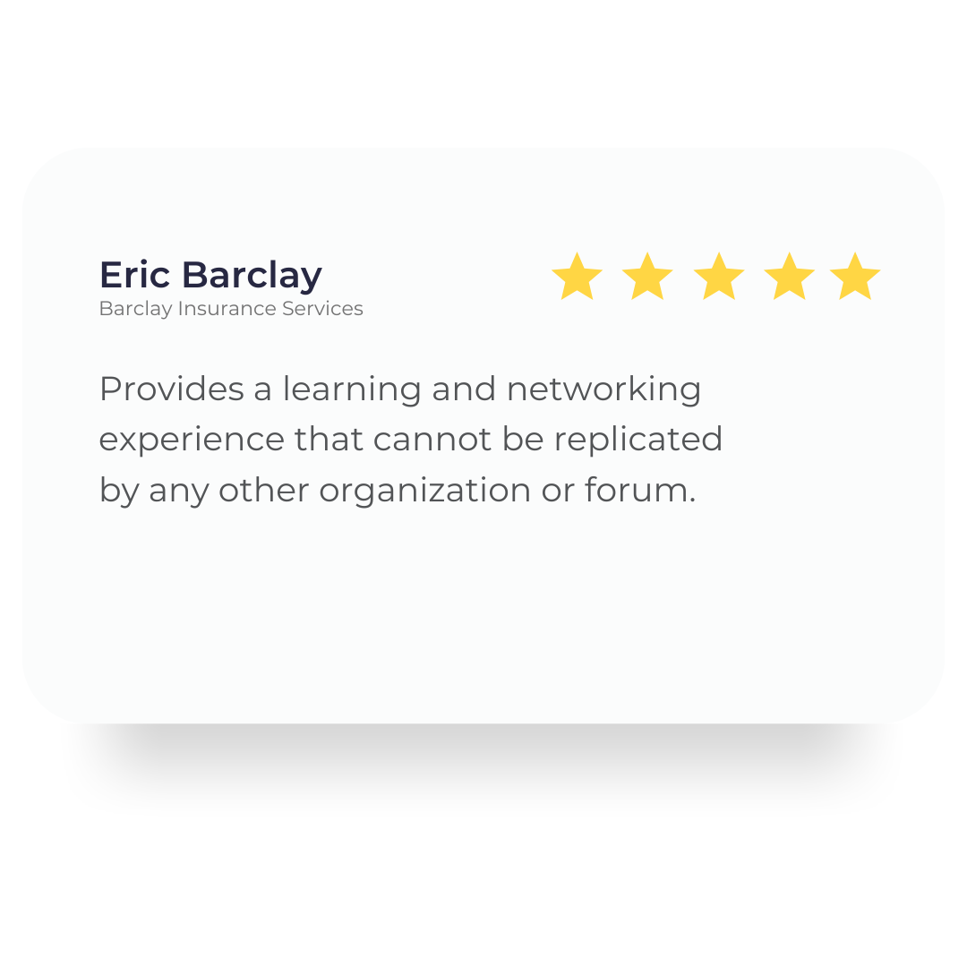 Business review card for Eric Barclay with five-star rating, featuring the company logo at the top, name, company, and a positive testimonial.