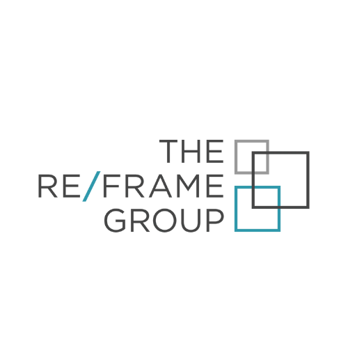 Logo for The Re/Frame Group featuring black and gray text with three interconnected squares in gray and blue.
