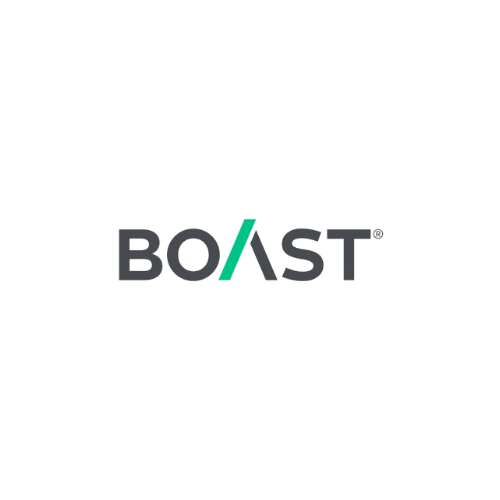 Logo with the word 'BOAST' in gray capital letters, featuring a green slash in place of the 'A' and a registered trademark symbol.