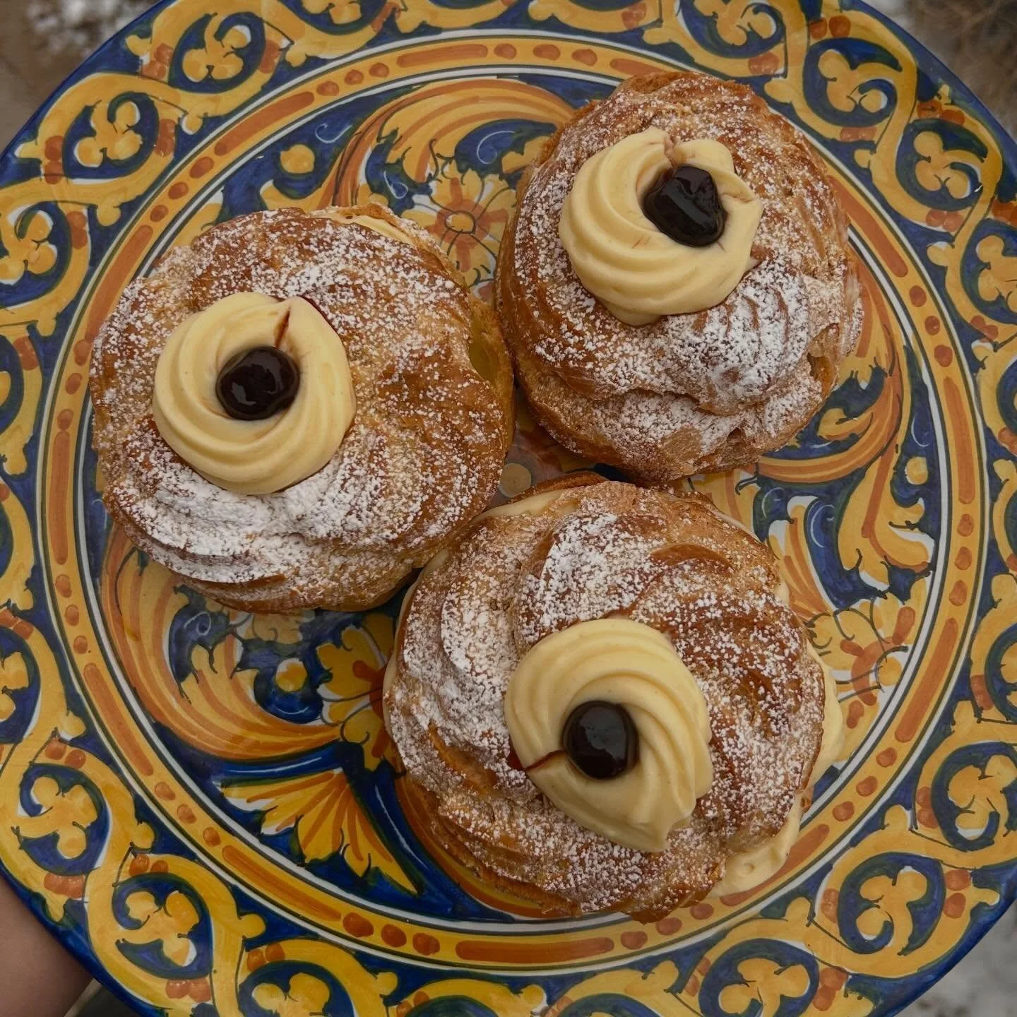 Zeppole di San Giuseppe al forno available all week long!! 
these are one of my favourite specials we make here - a light and fluffy shell filled with  our house crema pasticcera (vanilla pastry cream) and topped with the best amarena cherries 🍒
fil
