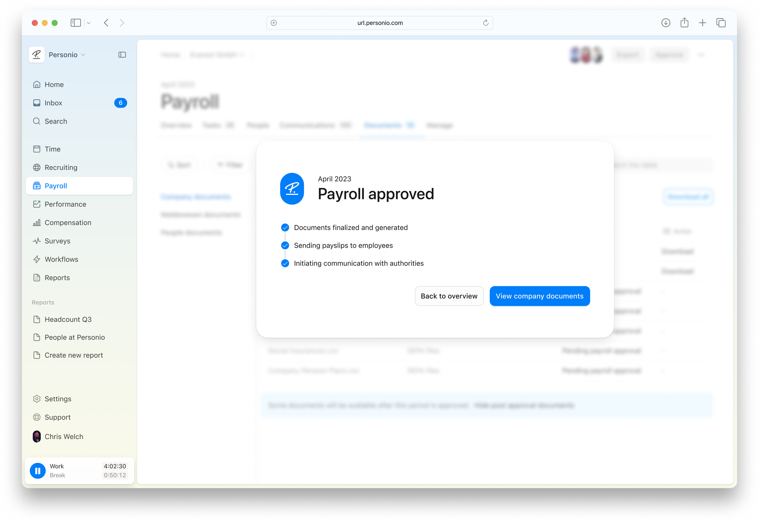 Payroll approval dialogue