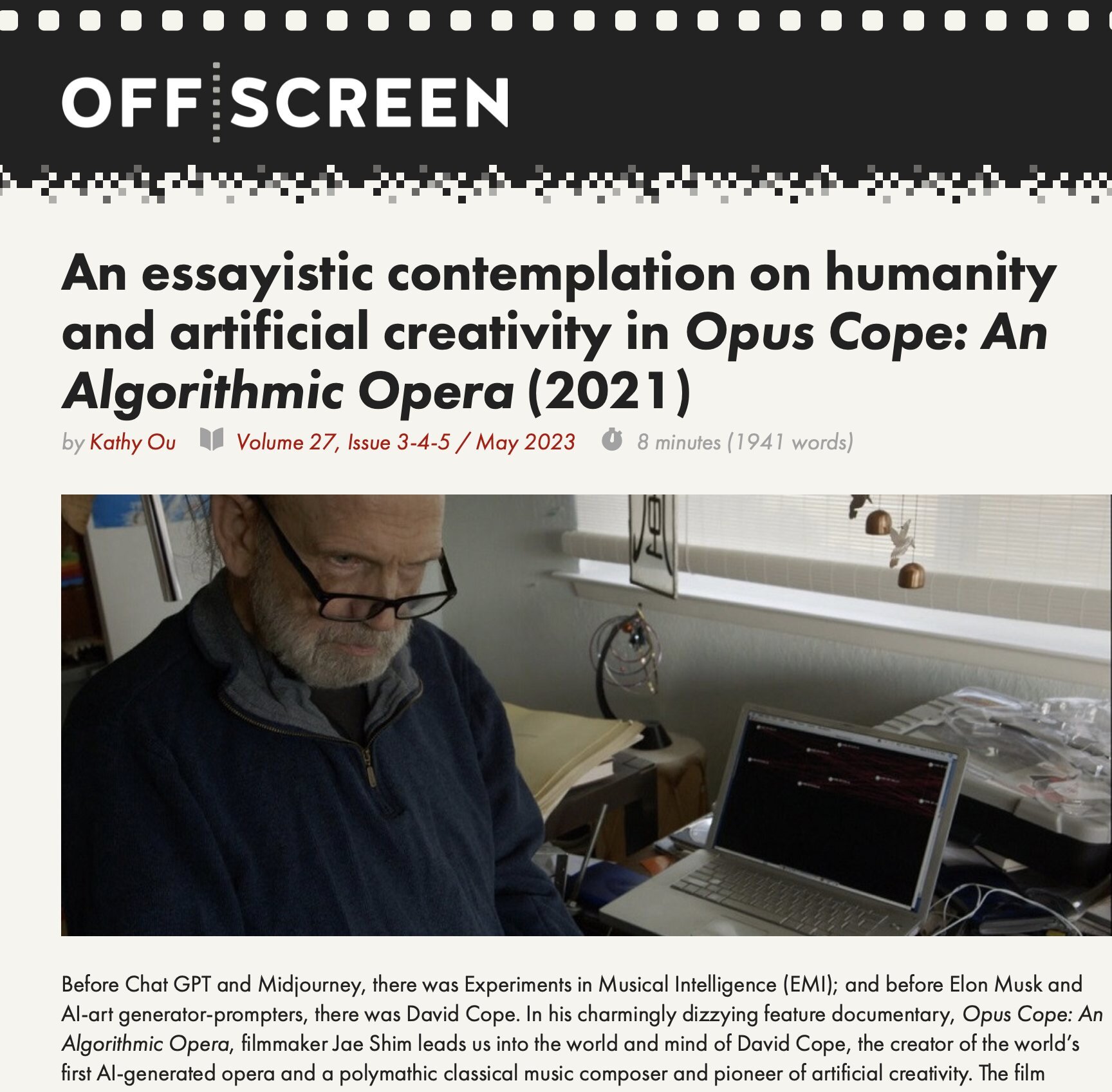 Many thanks to film critic @oookejun for the detailed and thoughtful piece on OPUS COPE featured in @offscreenmag.
🔗 LINK IN BIO
&mdash; with @indierightsmovies and @teamsmarthouse 
#artificialintelligence #AI #classicalmusic #music #film #documenta