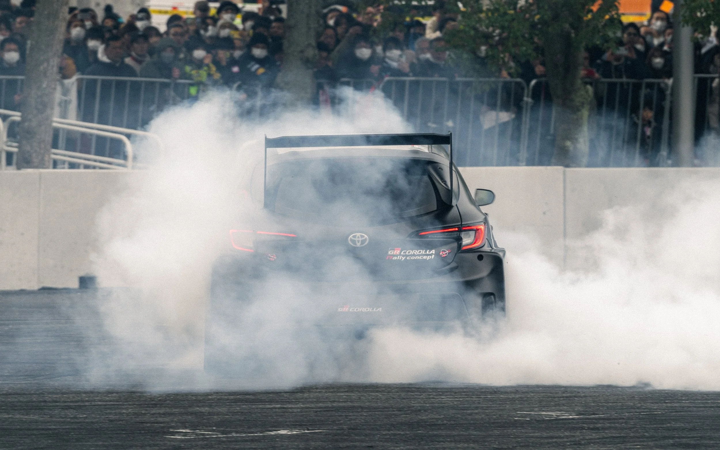 Racing car performing a burnout on track with thick smoke, audience behind barrier, during a motorsport event.
