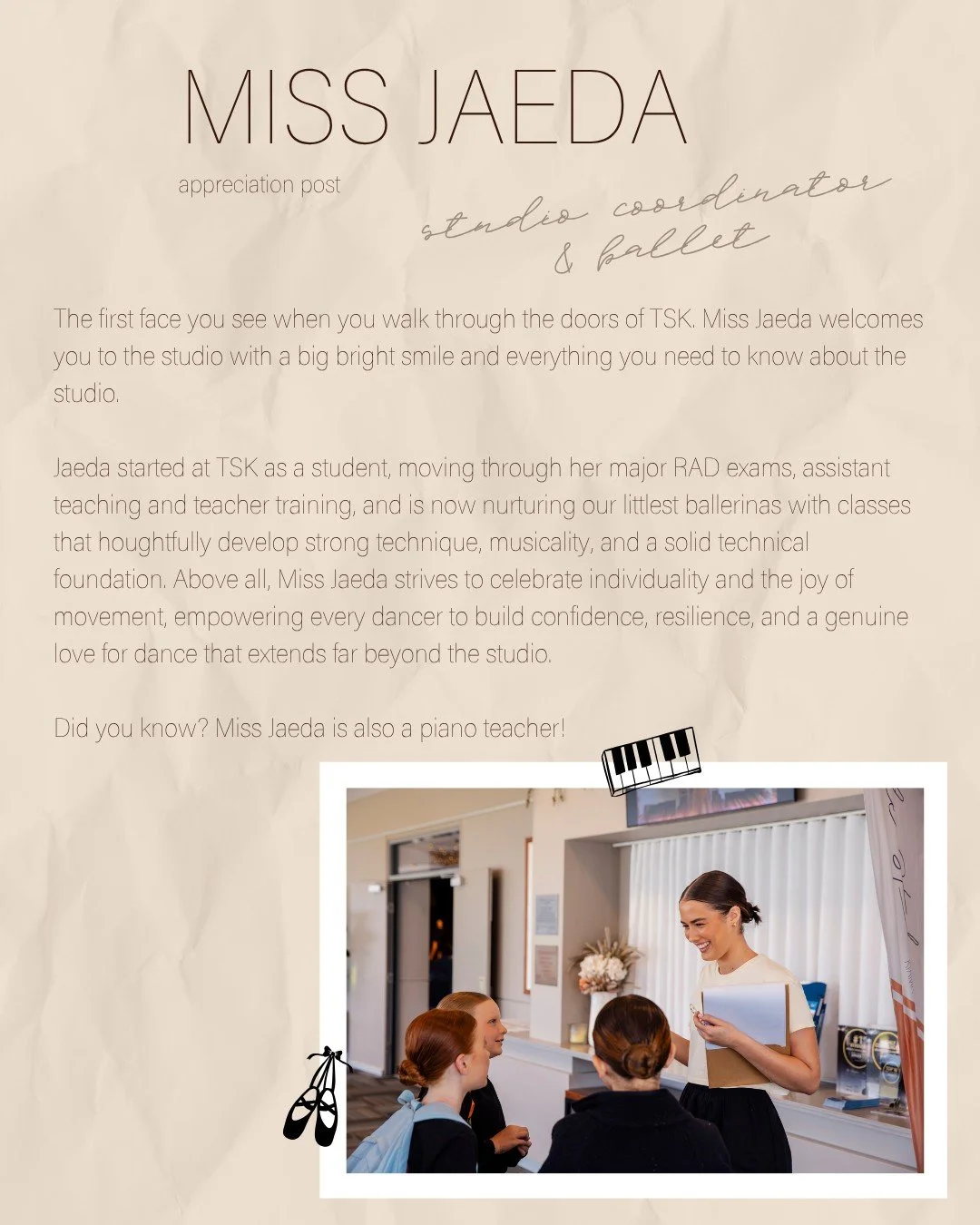 A face we all know &amp; love 🩷 From student to teacher, Miss Jaeda is a familiar figure around the studio

If you have questions about the studio, a little one who wants to start ballet with a thoughtful and nurturing teacher or just want to chat a