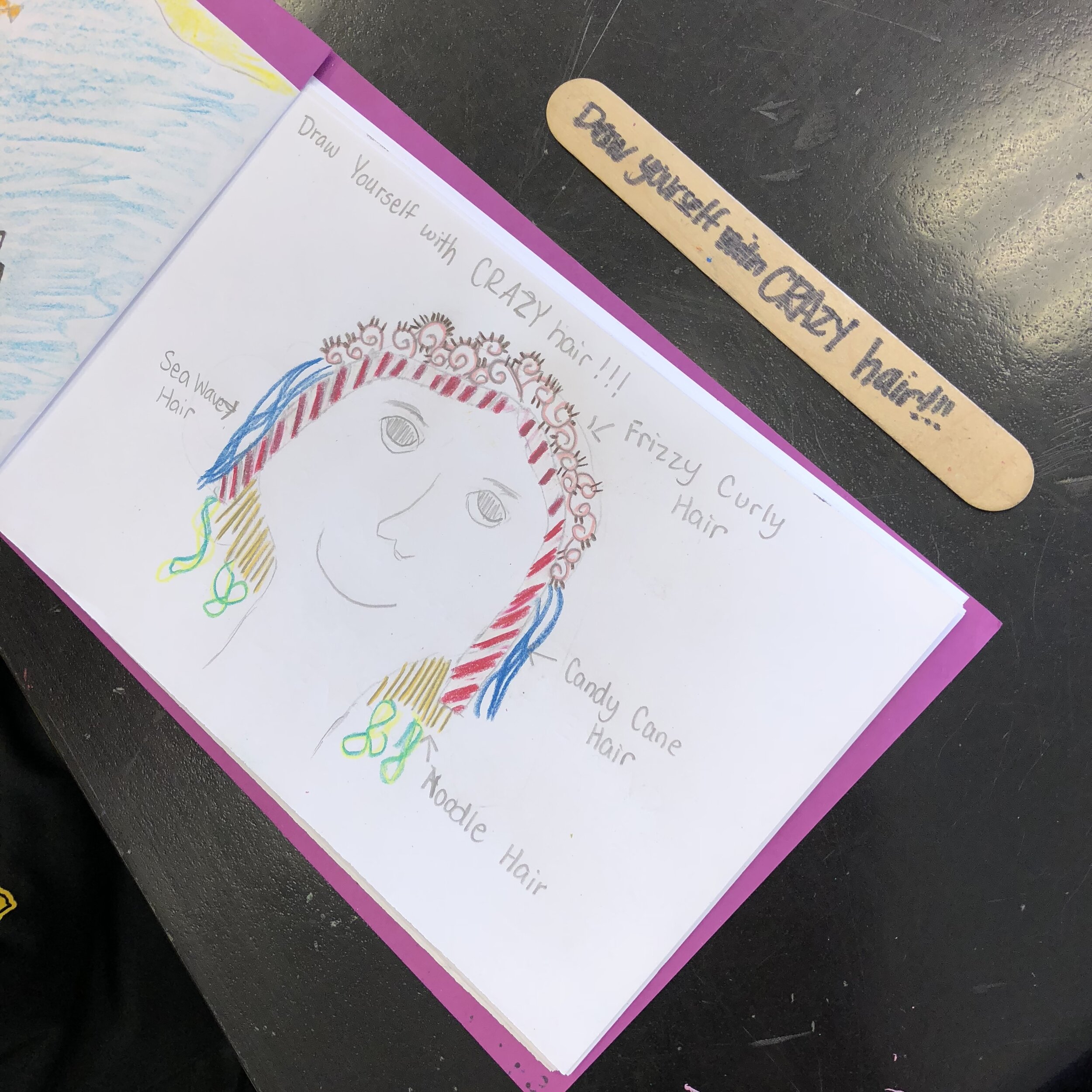 Student drawing of prompt “Draw yourself with crazy hair”