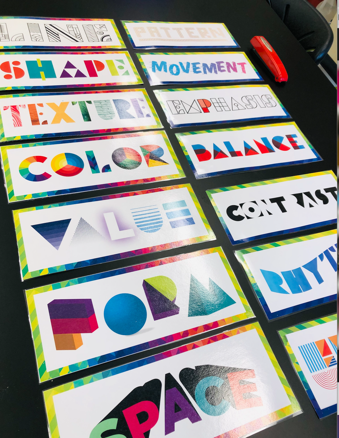 These Elements and Principles of Art were created in collaboration with my husband who is a super talented graphic designer and can always make my visions a reality when I don’t have the tools myself! We were so PUMPED about these. One of my favorite things about them is they are simplified in the amount of information on the poster, but dynamic in their design to visually illustrate what each element and principle means. I personally don’t prefer text-heavy visuals, I would rather my students see visuals that are short, sweet and relevant to them.