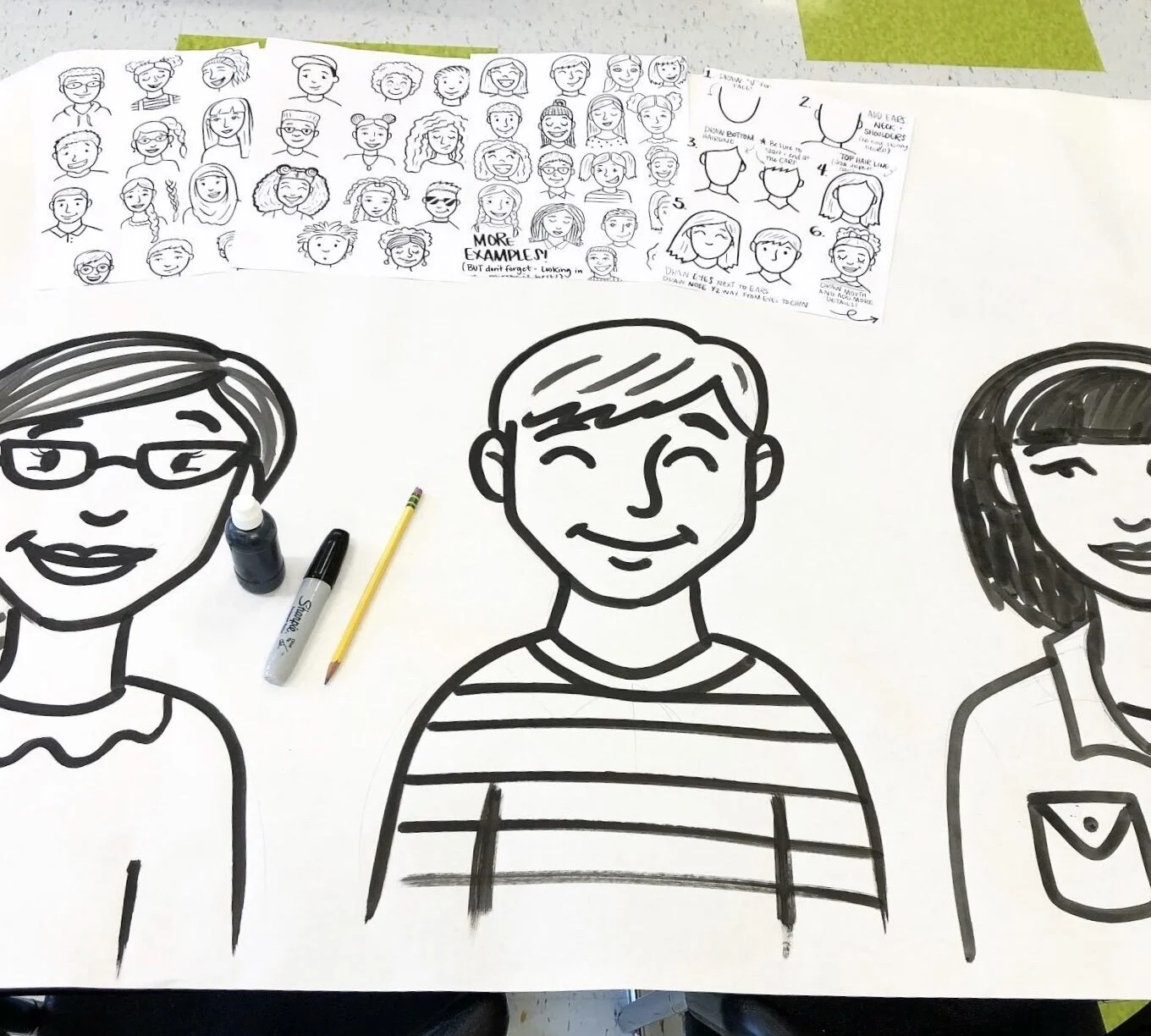 I sketched the kids largely in pencil first then traced in India ink and a chisel tip Sharpie.