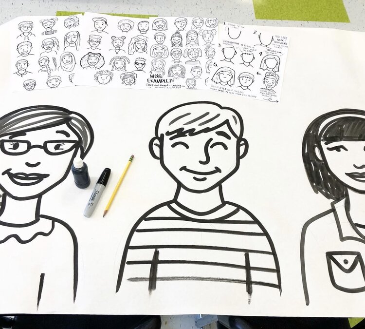 I sketched the kids largely in pencil first then traced in India ink and a chisel tip Sharpie.