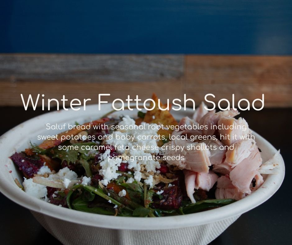 Saluf bread with seasonal root vegetables including sweet potatoes and baby carrots, local greens, hit it with some caramel feta cheese crispy shallots and pomegranate seeds
