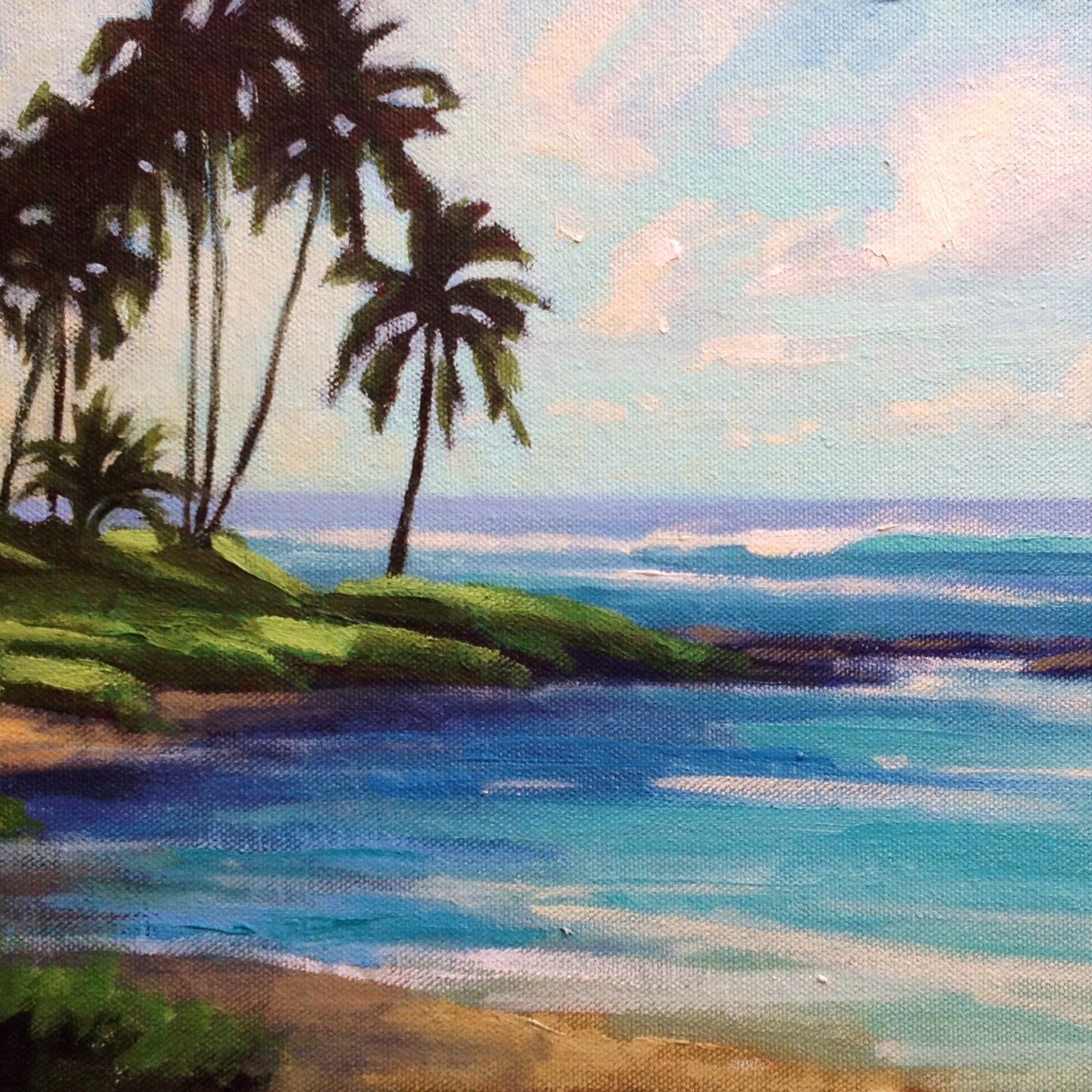 &quot;Poipu Morning&quot; sold right off the easel. Gorgeous morning oil painting with my cigar box easel while my husband surfed. It was a good day.
.
.
.
. #oilpaintings #pleinairpainting #kauailife #poipu #dailypainter