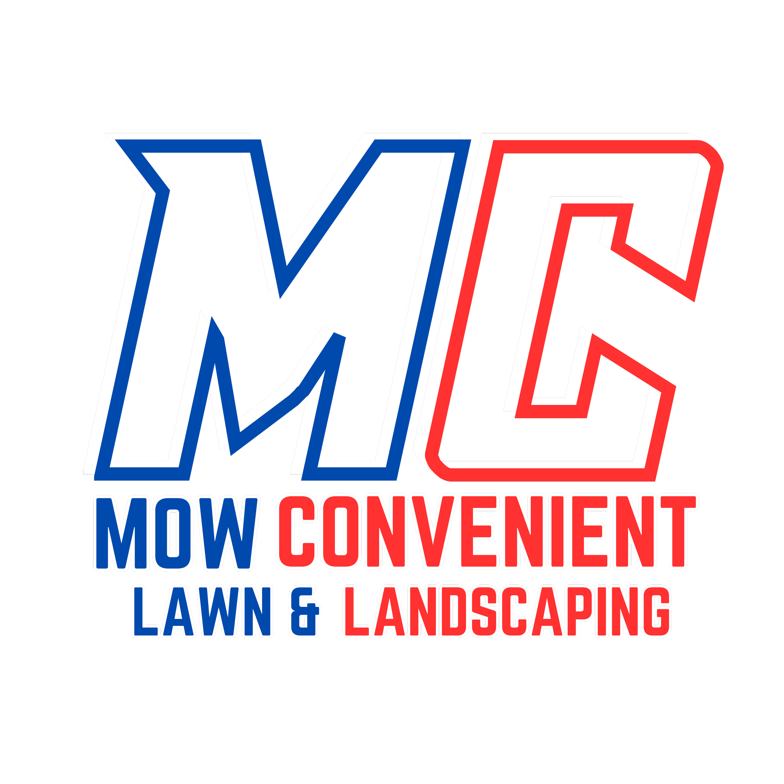 Logo for Mow Convenient Lawn & Landscaping, featuring bold black, white, red, and blue text on a black background.