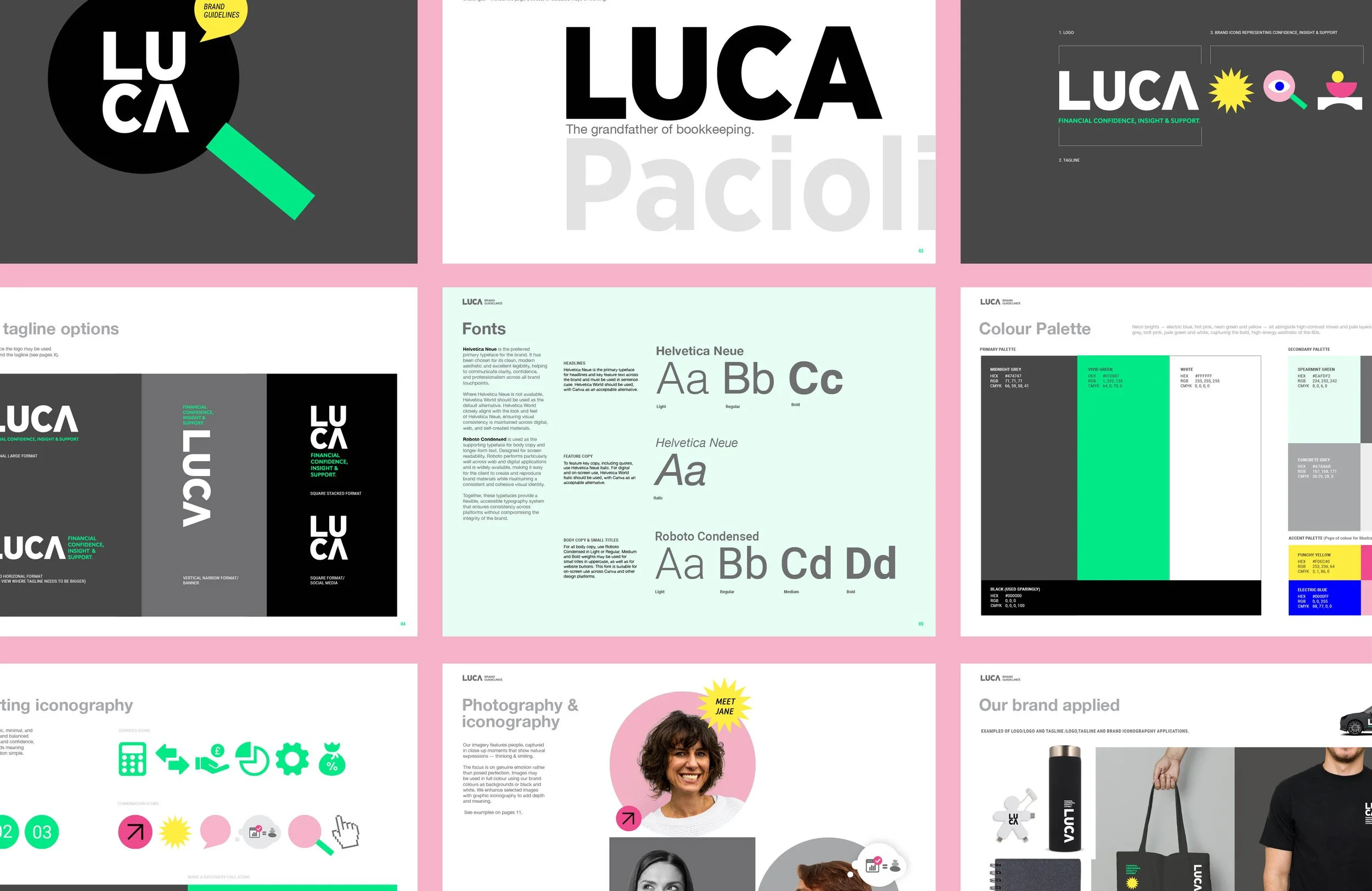 LUCA Jersey accountant brand guidelines featuring logo, colour palette, typography and icons for a modern financial brand.
